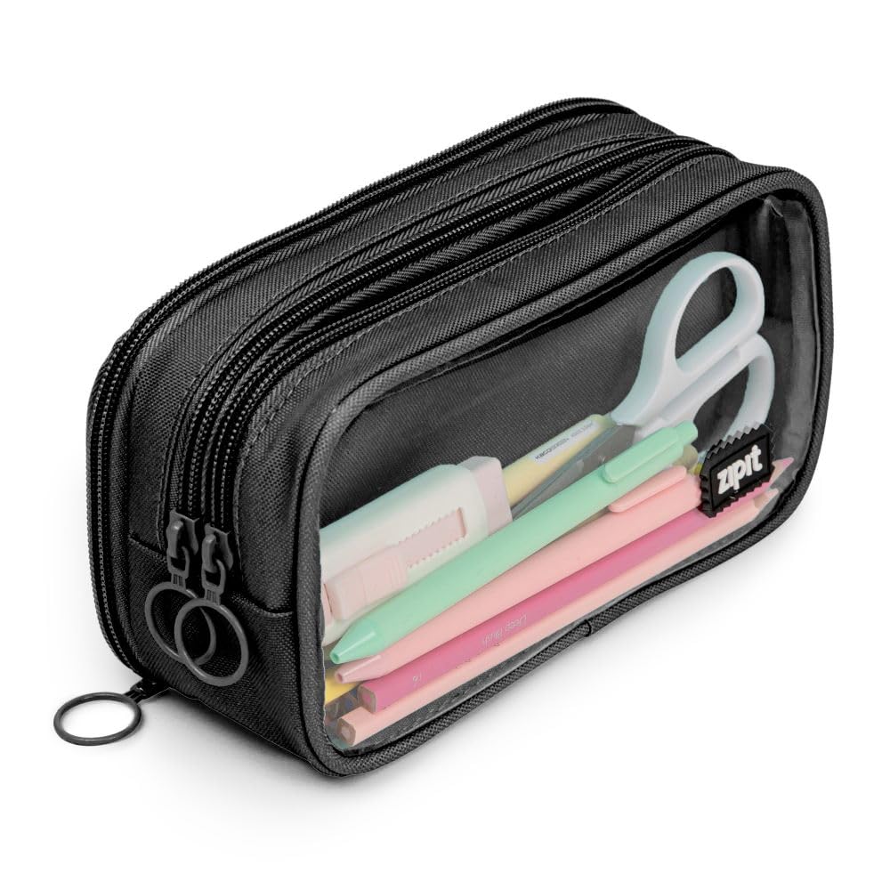 ZIPIT Half & Half Pencil Case, 3 Compartment Zipper Pouch for School, Stationery Bag for Teen Girls Boys and Adults, Black