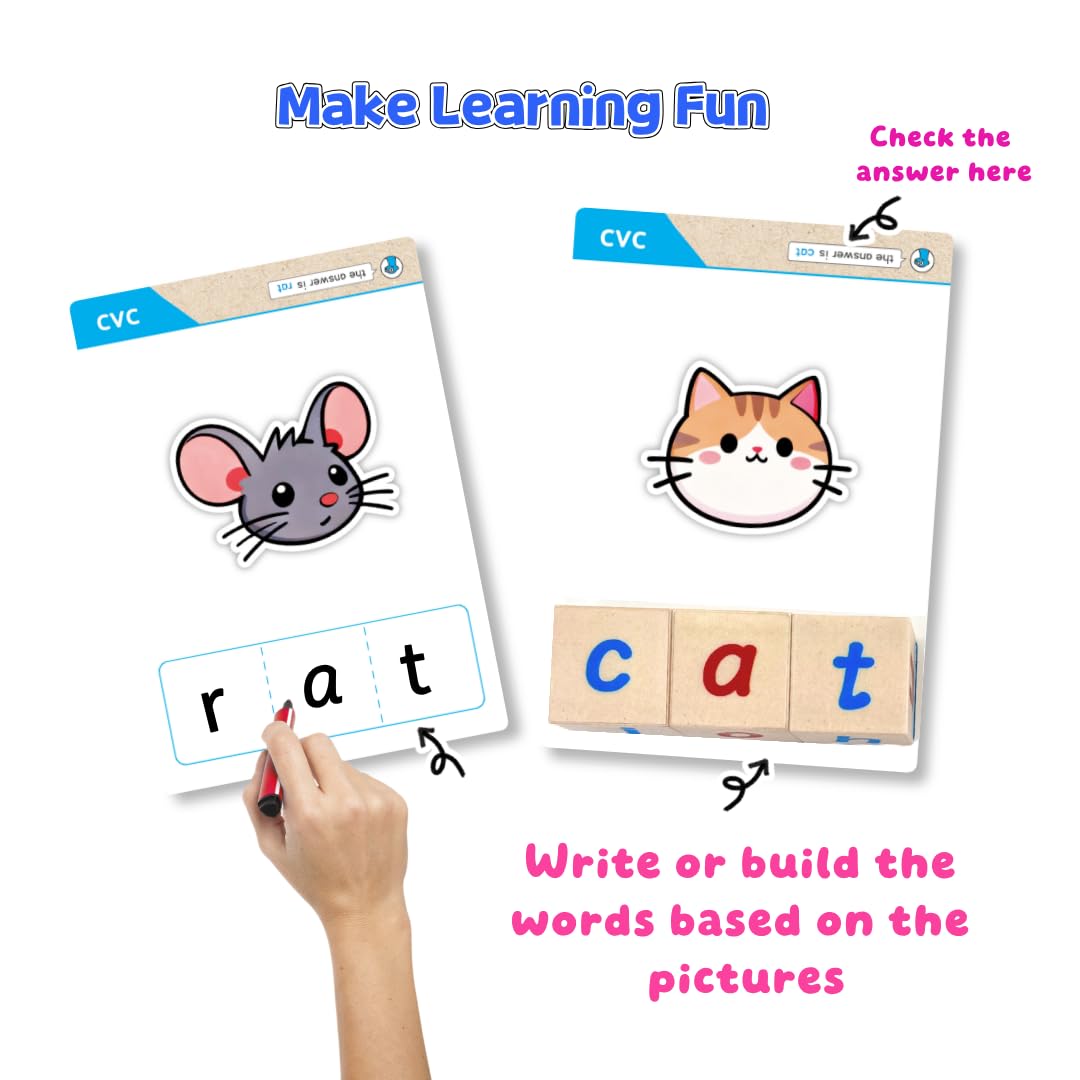 Magnetic CVC Letter Cubes Writing Boards Set. 32 Magnet ABC Blocks, 2 Magnetic Spelling Boards, 100 Word Building Cards, CVC/CVCC Literacy Spelling Reading Alphabet Manipulative Phonemic Awareness
