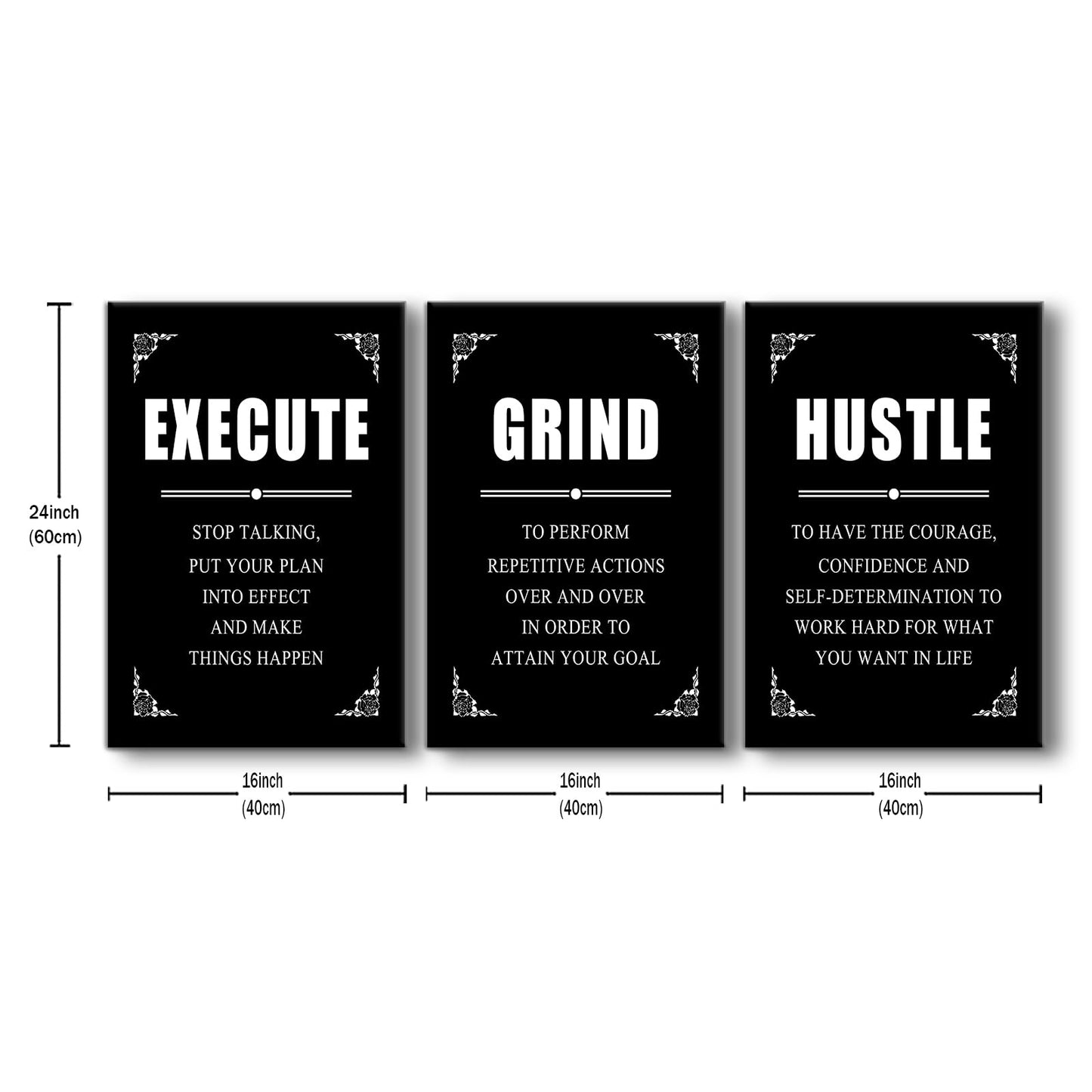 YSPCSUN 3 Panel Inspirational Wall Art for Office Walls Grind Hustle Execute Canvas Art Black and White Motivational Sign Framed Entrepreneur Life Success Quotes Room Decor Large, 48" x 24"