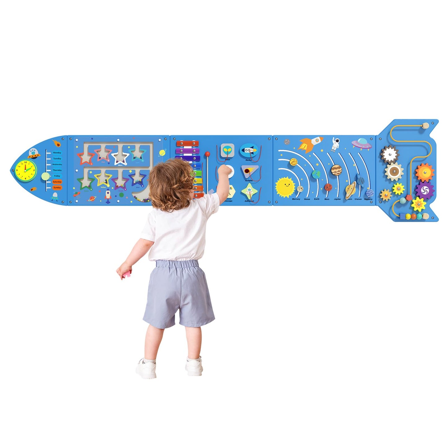 nigwet Rocket Activity Wall Busy Board Panels - Sensory Wall Panel for Kids, Montessori Toddler Wall Activity Board, Wall Toys for Toddlers 3, Activity Cube, Wooden Boards, Blue