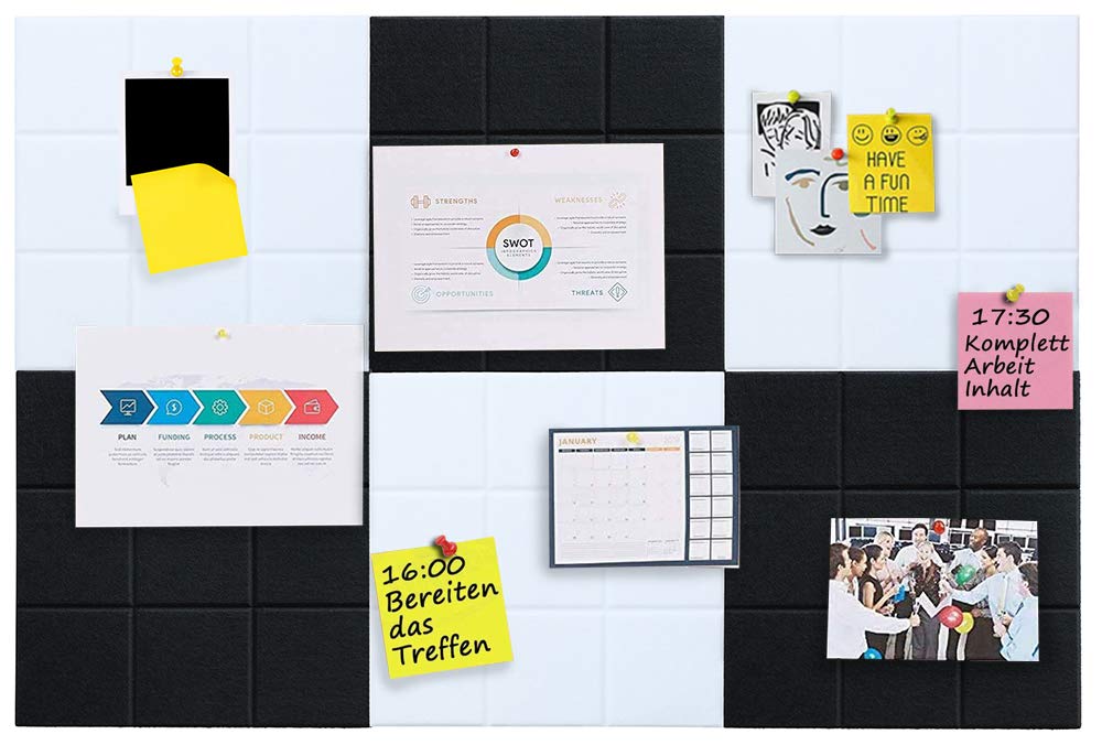 Uoisaiko Large Felt Board Tiles for Wall with 30 Push Pins, 11.8"x11.8" Pack of 6 Pin Board Notice Boards for Home Office Kitchen, Bulletin Board Wall Tiles for Photos Memos (Black+White, 6 Pack)