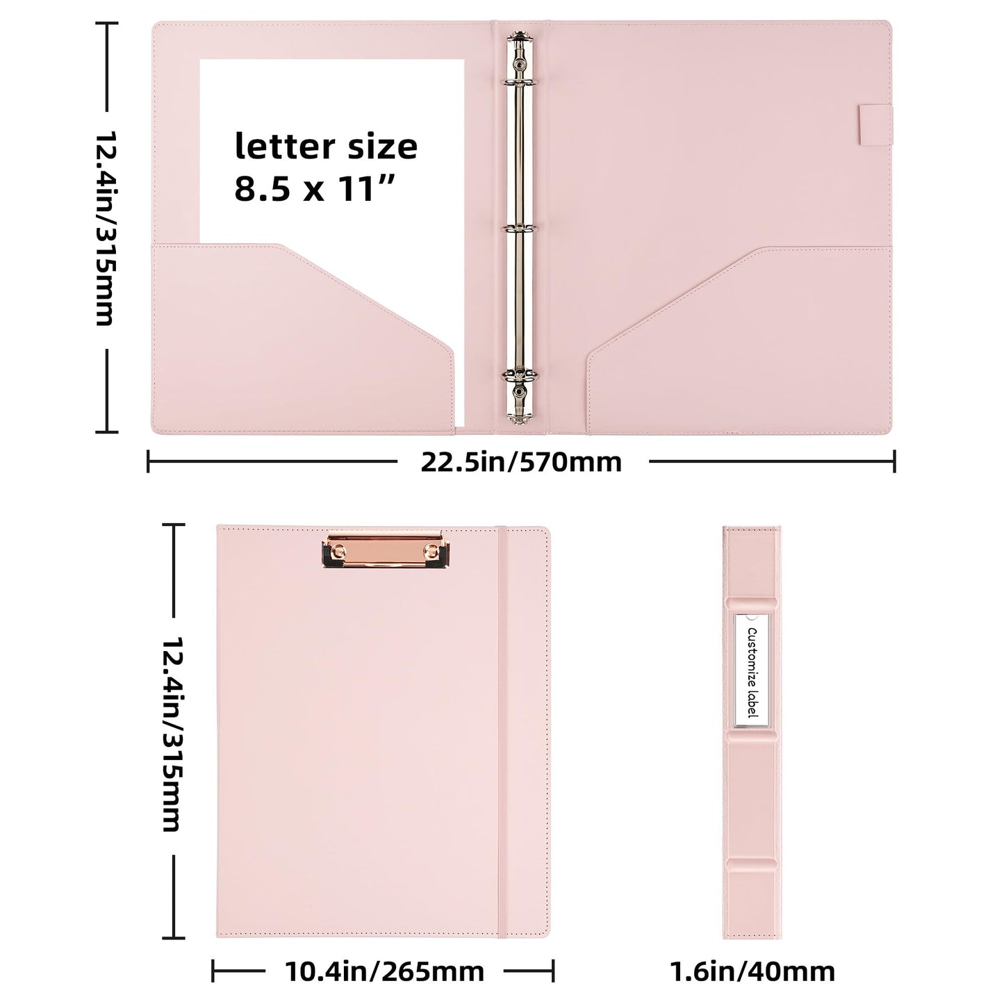 Ospelelf 3 Ring Binder with Clipboard 1 Inch Leather Binder for Letter Size (8.5" x 11"), Clipboard Binder with 5 Tab Dividers for School, Office, Pink