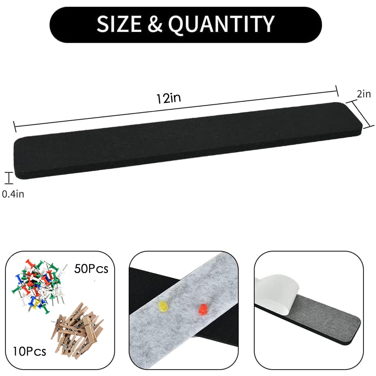 Vuzvuv 8 pcs Bulletin Board Bar Strips with 50 Pushpins & 10 Wooden Clip pins，Self Adhesive Cork Board for Wall，Felt Pin Board for School，Office Decor（Black White Grey）
