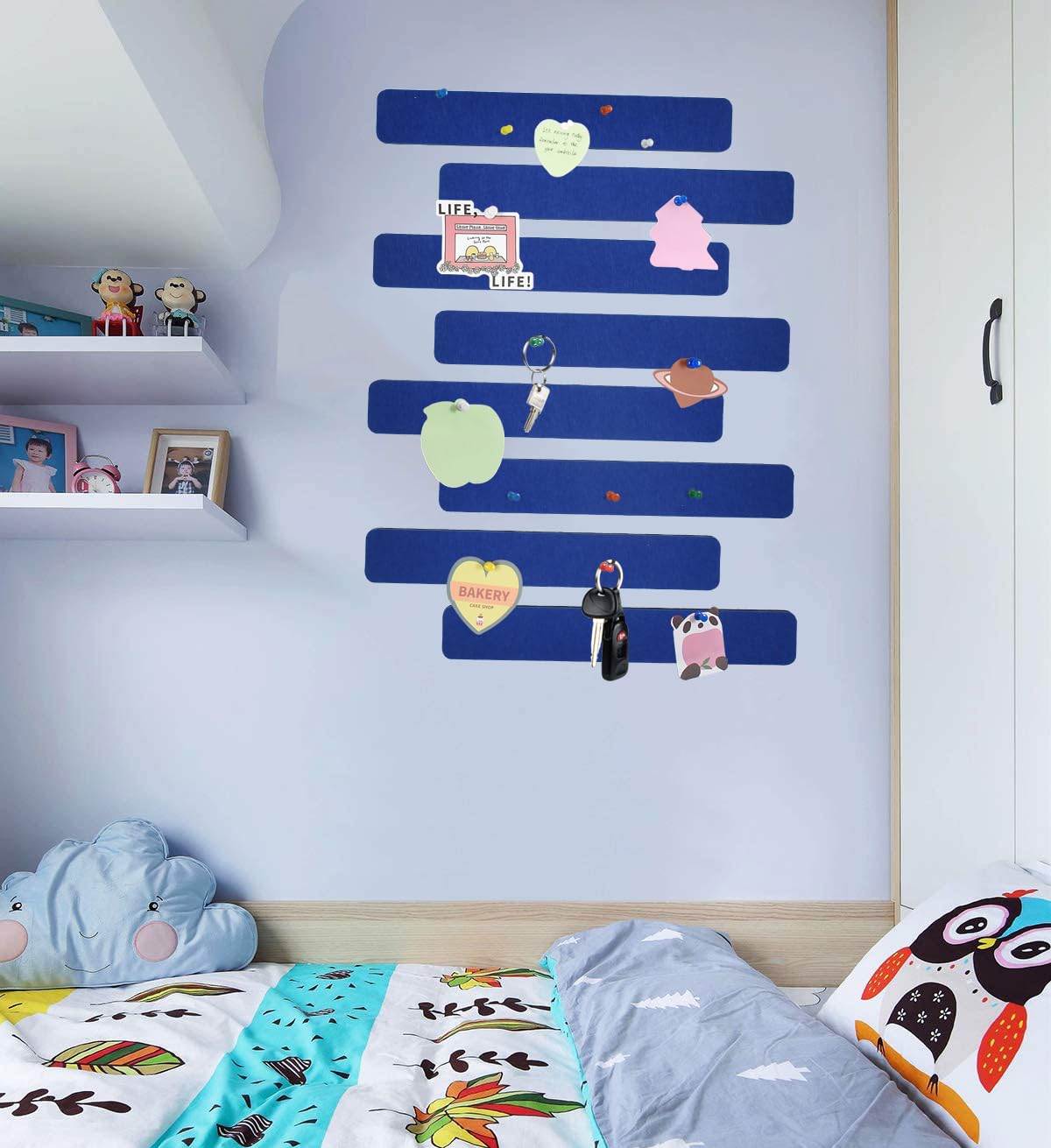 Vuzvuv 8 pcs Bulletin Board Bar Strips with 50 Pushpins & 10 Wooden Clip pins，Self Adhesive Cork Board for Wall，Felt Pin Board for School，Office Decor(Dark Blue)