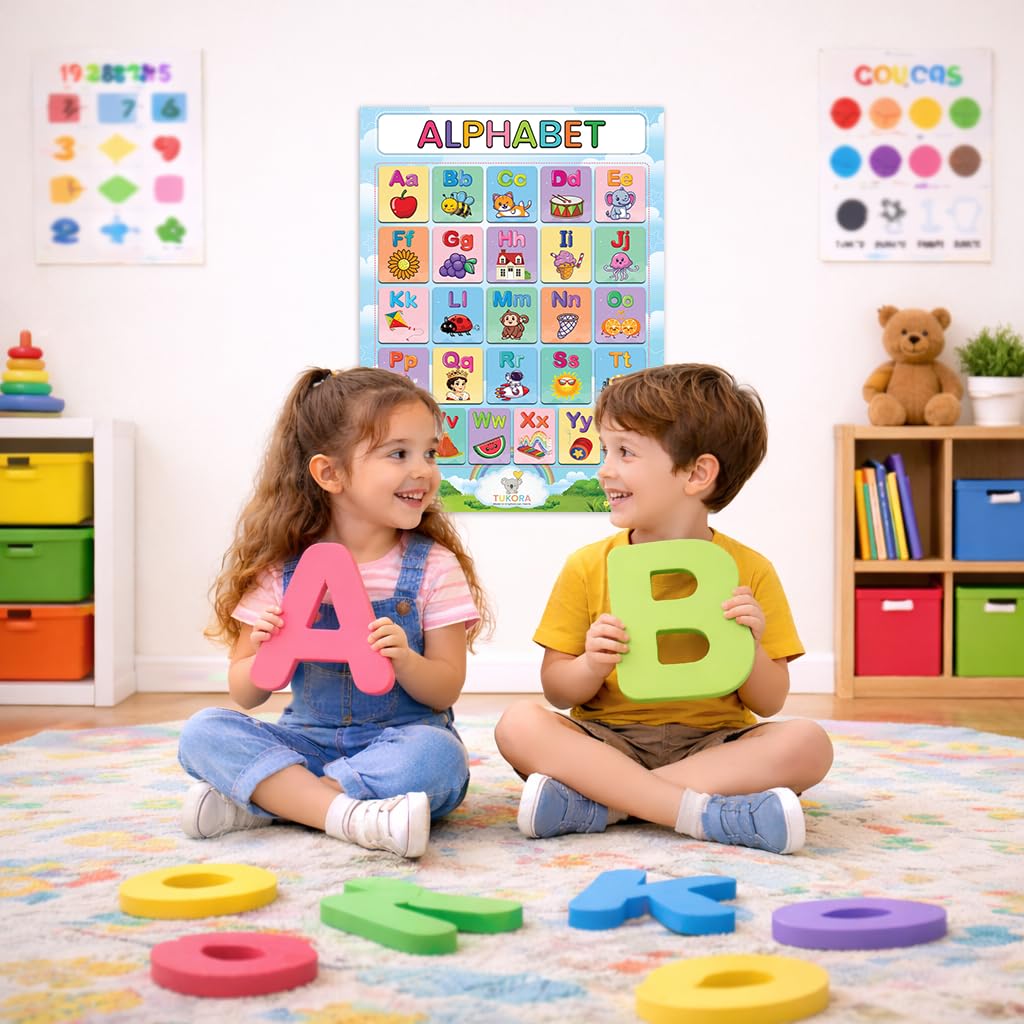 Tukora Alphabet Poster for Kids ABC Wall Chart with Uppercase and Lowercase Letters Colourful Educational Nursery Poster with Animals and Objects Preschool Classroom Learning Decor Premium UK Made