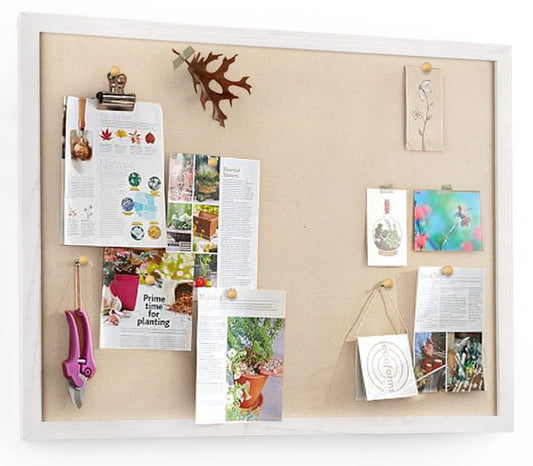 Miratino Large Bulletin Board 23x18 inch with Linen Cork Boards Wall Decor Hanging Pin Wood Framed Display Bulletin Cork Photo Picture Board Light for Room School Office 20-Pushpin Vintage White