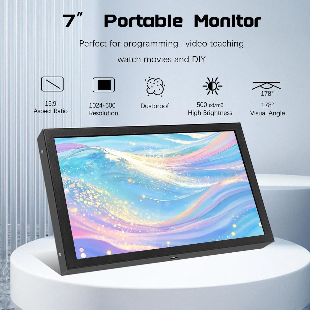 JniTyOpt 7 Inch Mini Monitor HDMI, Portable Vga Monitor with AV BNC 1024×600 LCD Screen with Built-in Speakers,IPS Multi-Function Small Display for Raspberry Pi PC/TV/DVD/CVBS