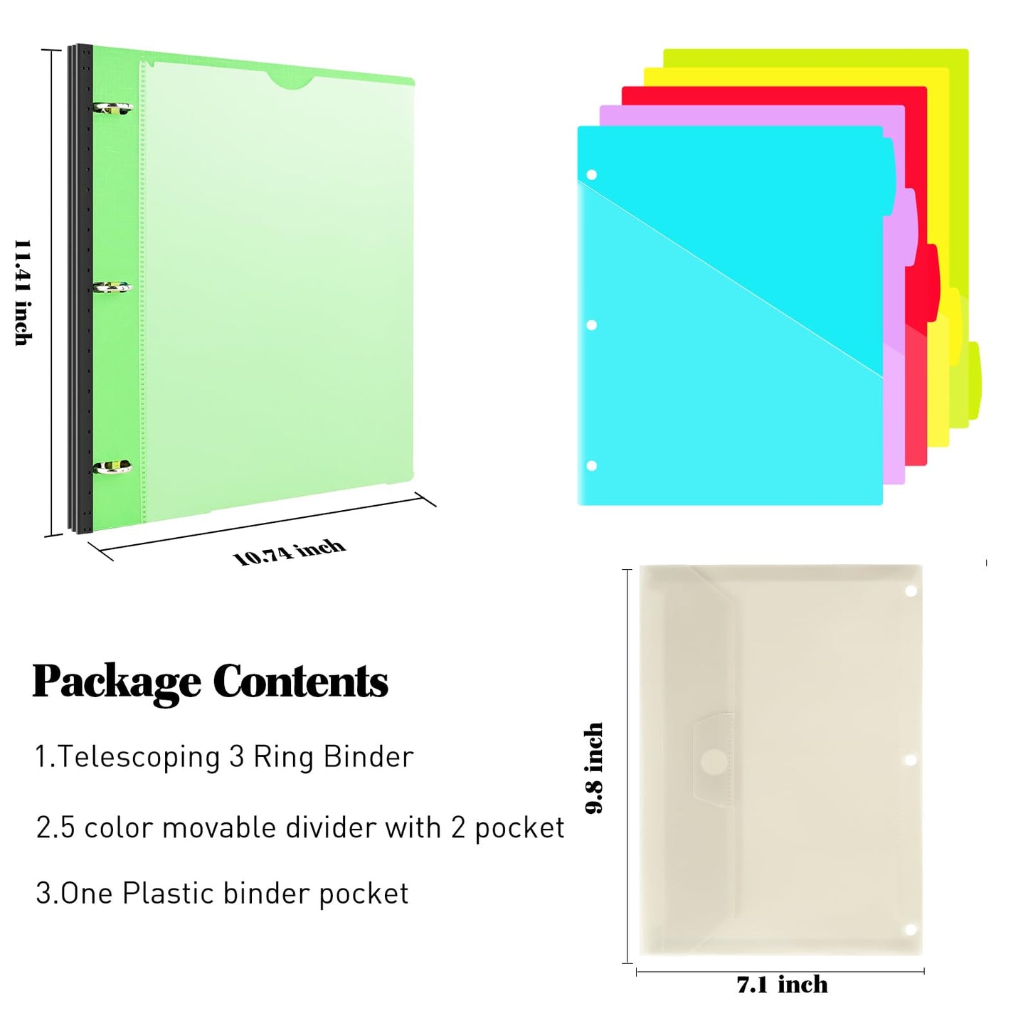 INFUN 1 Inch 3-Ring Telescoping Project Organizer Binder,13 Pocket, Customizable Front Cover, 5 Colors Pocket Divider and Plastic Binder Pocket，225 Sheet Capacity-Green