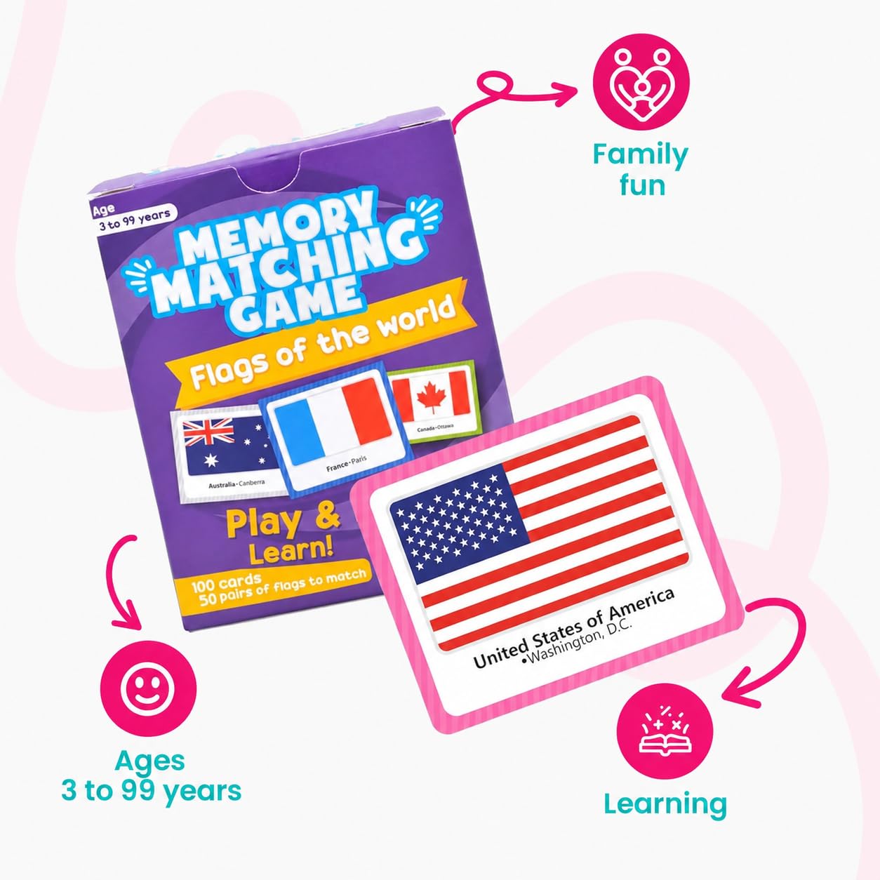 Menique Flags of the World Memory Matching Game – 100 Cards, 50 Countries to Match – Educational & Fun for Kids and Adults – Color-Coded by Continent – Learn Flags, Capitals, and Geography