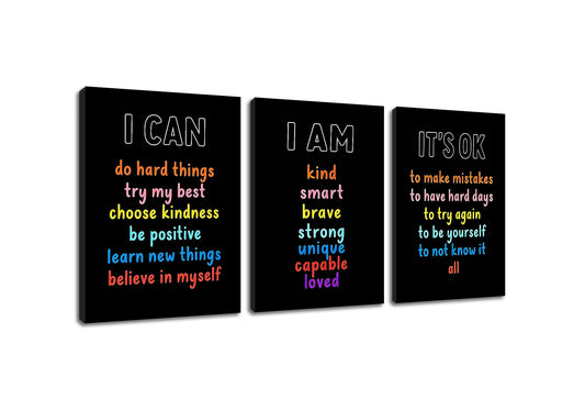 PSYYSP Positive Affirmations Wall Decor For Kids Bedroom Classroom Posters Growth Mindset I Am I Can It Is Ok Inspirational Canvas Art Set 3 Piece Framed Office Decor 16x36 Inch Triptych Artwork