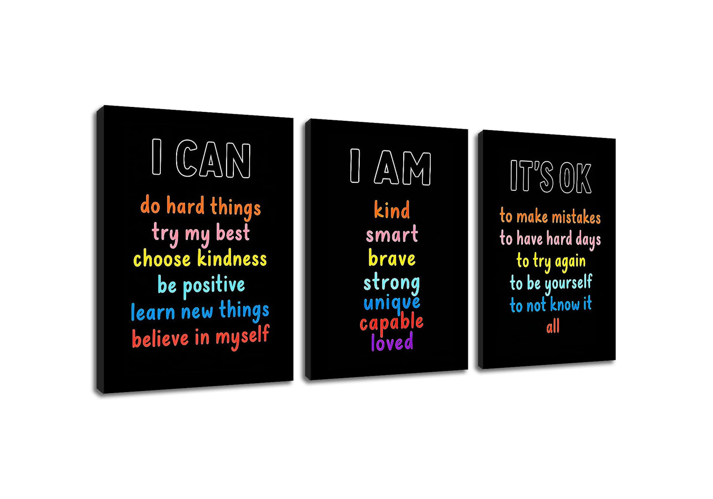 PSYYSP Positive Affirmations Wall Decor For Kids Bedroom Classroom Posters Growth Mindset I Am I Can It Is Ok Inspirational Canvas Art Set 3 Piece Framed Office Decor 16x36 Inch Triptych Artwork