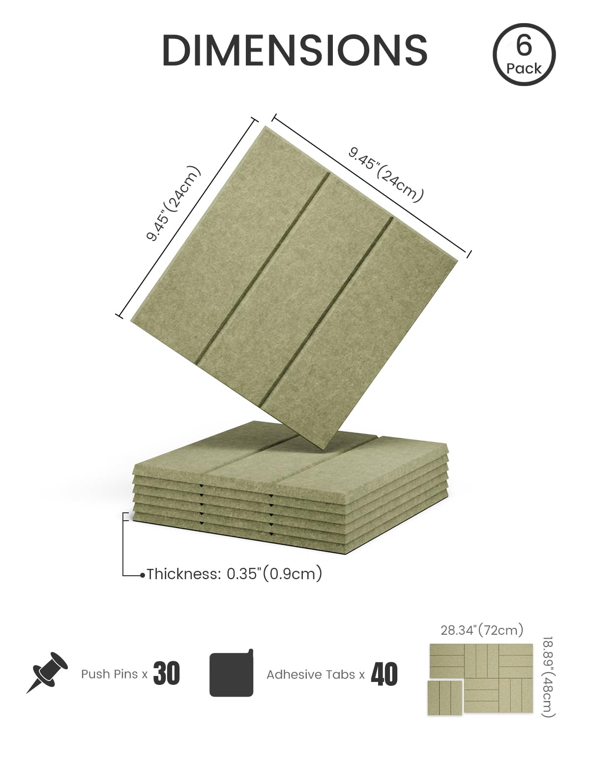 Felt Bulletin Board Tiles -28"x18" with 40 Adhesive Tabs, Cork Board Alternative for Office Decor, Push Pin Board Wall Organizer 6-Pack(Olive Green)