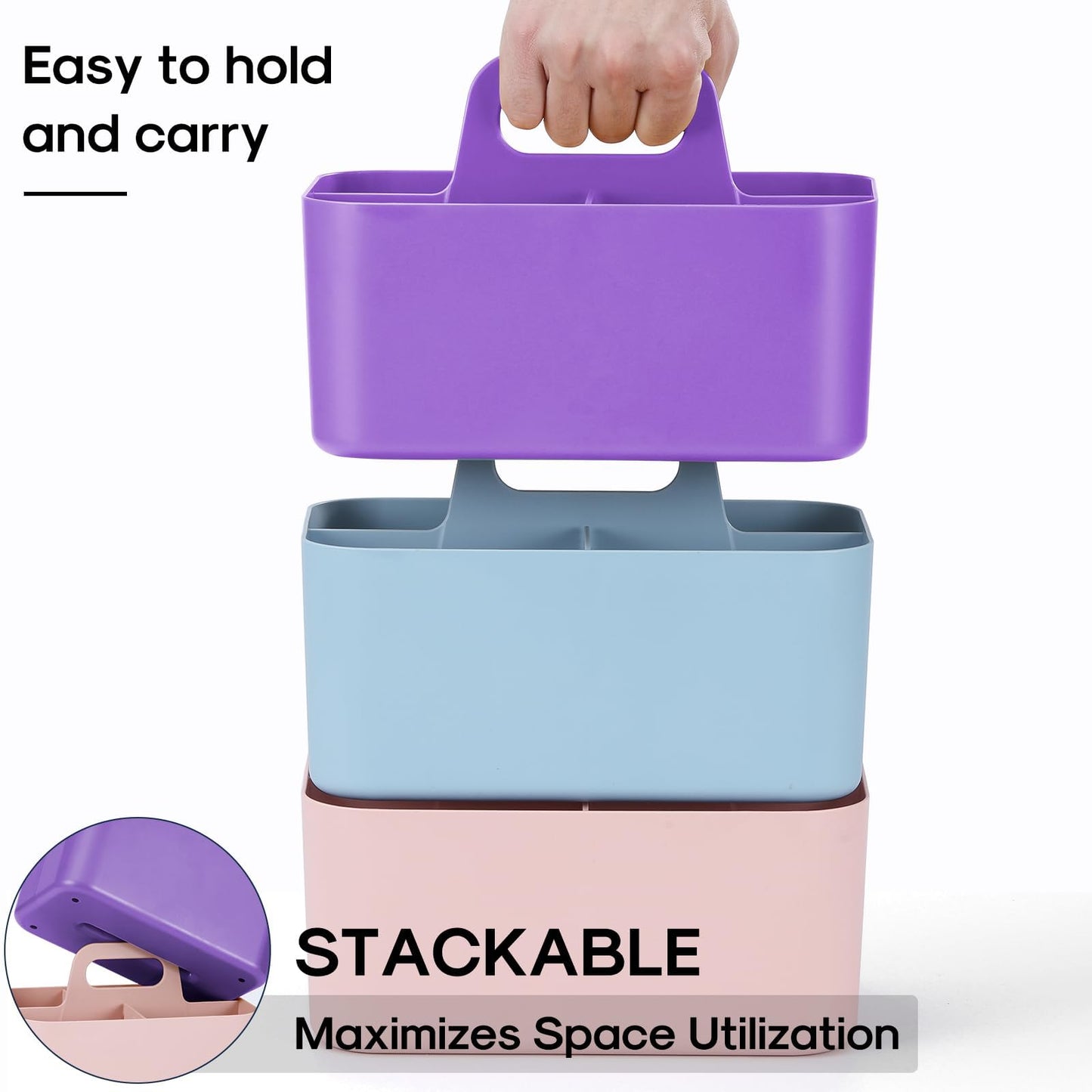 Multiuse Caddy Organizer with Handle, Portable Divided Plastic Tote Bin - Art Craft, Stationary Pen Marker Crayon, Makeup Hair Supplies Storage - Bathroom, Classroom, Dorm, Office, Desk Holder -Purple
