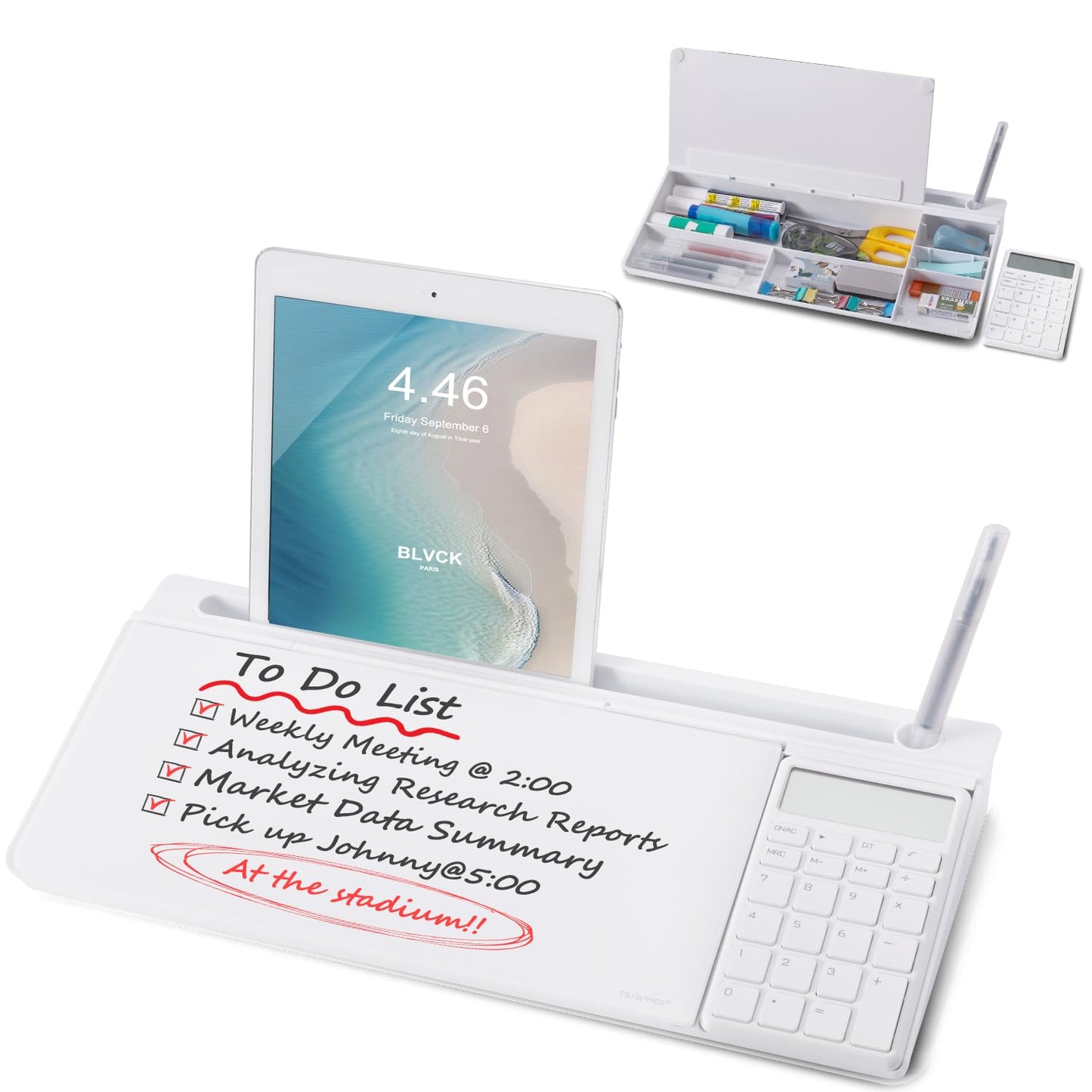 Small Glass Desktop Whiteboard Dry-Erase-Board - Computer Keyboard Stand with Calculator White Board Surface Pad with Drawer, Desk Organizers with Accessories for Office, Home, School Supplies - White