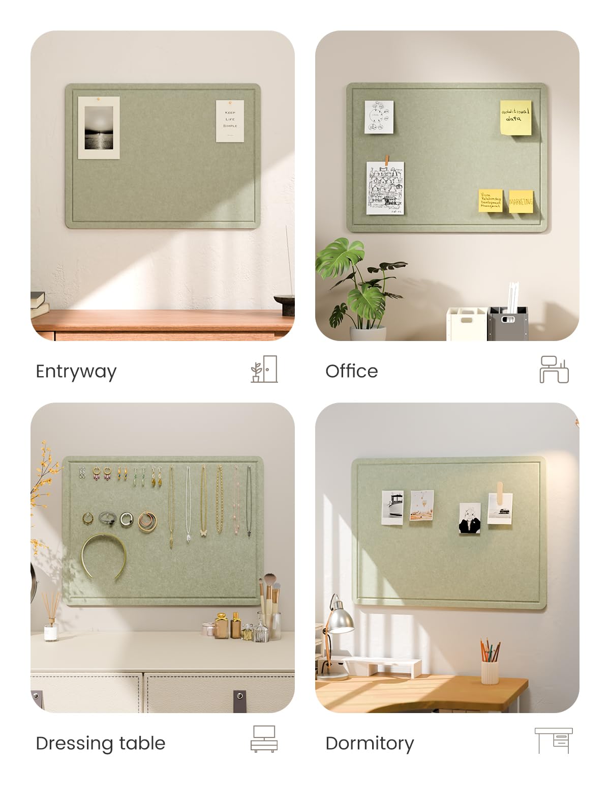 Fluxynara Bulletin Board, 23.6" x 17.5" Cork Board Alternative with 12 Safe Removable Adhesive Tabs, Foldable Felt Pin Board for Home Office, Classroom, Bedroom,Entryway for Walls—Sage