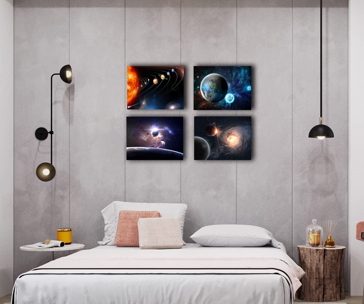 Universe Starry Sky Wall Art Outer Space Planet Wall Art Canvas Decoration Painting，for Bedroom, Lvingroom, Bathroom Decor ，Posters for Kids, Boys or Girls Room ，29x38cmx4pcs，Framed