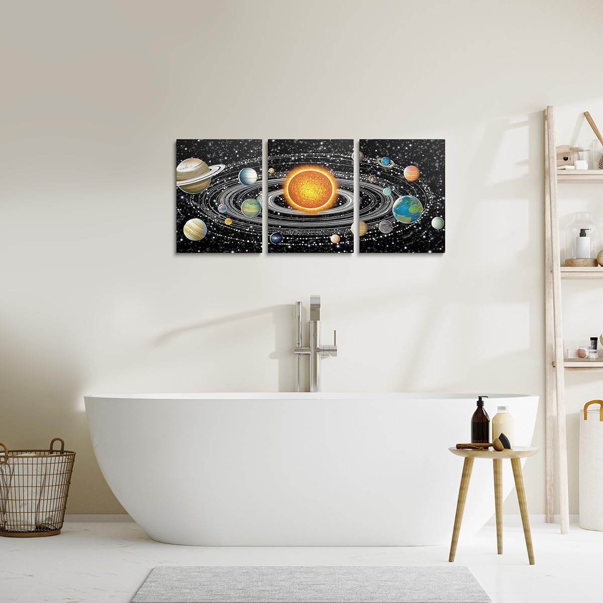 jejeloiu Solar System Canvas Wall Art for Living Room Bedroom 12"x16"x3pcs Universe Planets Picture Wall Decor for Bathroom Galaxy Star Trails Office Decorations Artwork Posters Outer Space Painting