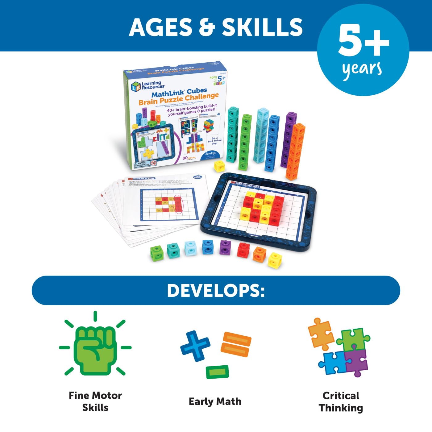 Learning Resources MathLink Cubes Brain Puzzle Challenge, 80 Pieces, Ages 5+, Classroom Must Haves, Preschool Activities, Teacher School Supplies, Math Manipulatives