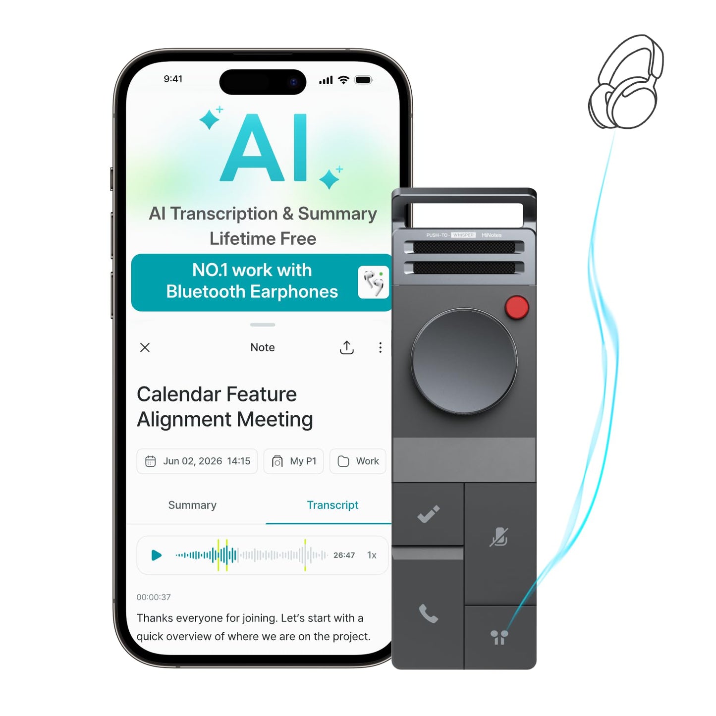 HiDock P1 AI Voice Recorder: Smart Voice Recorder Work with Bluetooth Earbuds Portable Digital Recording Device BlueCatch Tech Meeting Transcription Summary Playback HiNotes Control 64GB(Space Gray)