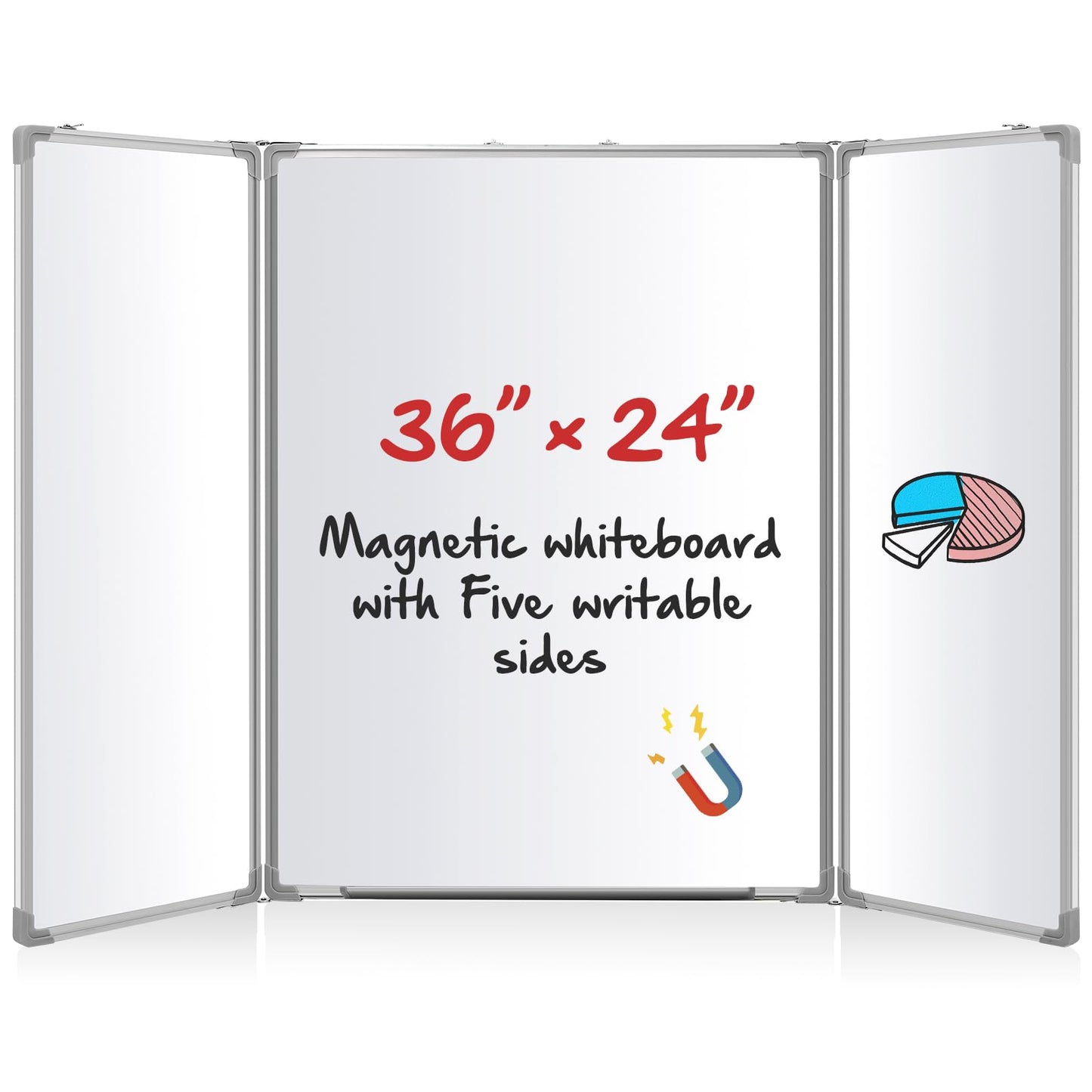 AmazingSpark 36” x 24” Foldable Whiteboard Dry Erase Board Large Tri Folding Whiteboard Magnetic Dry Erase Board, Wall Aluminium Frame and Pen Tray for Office, Home