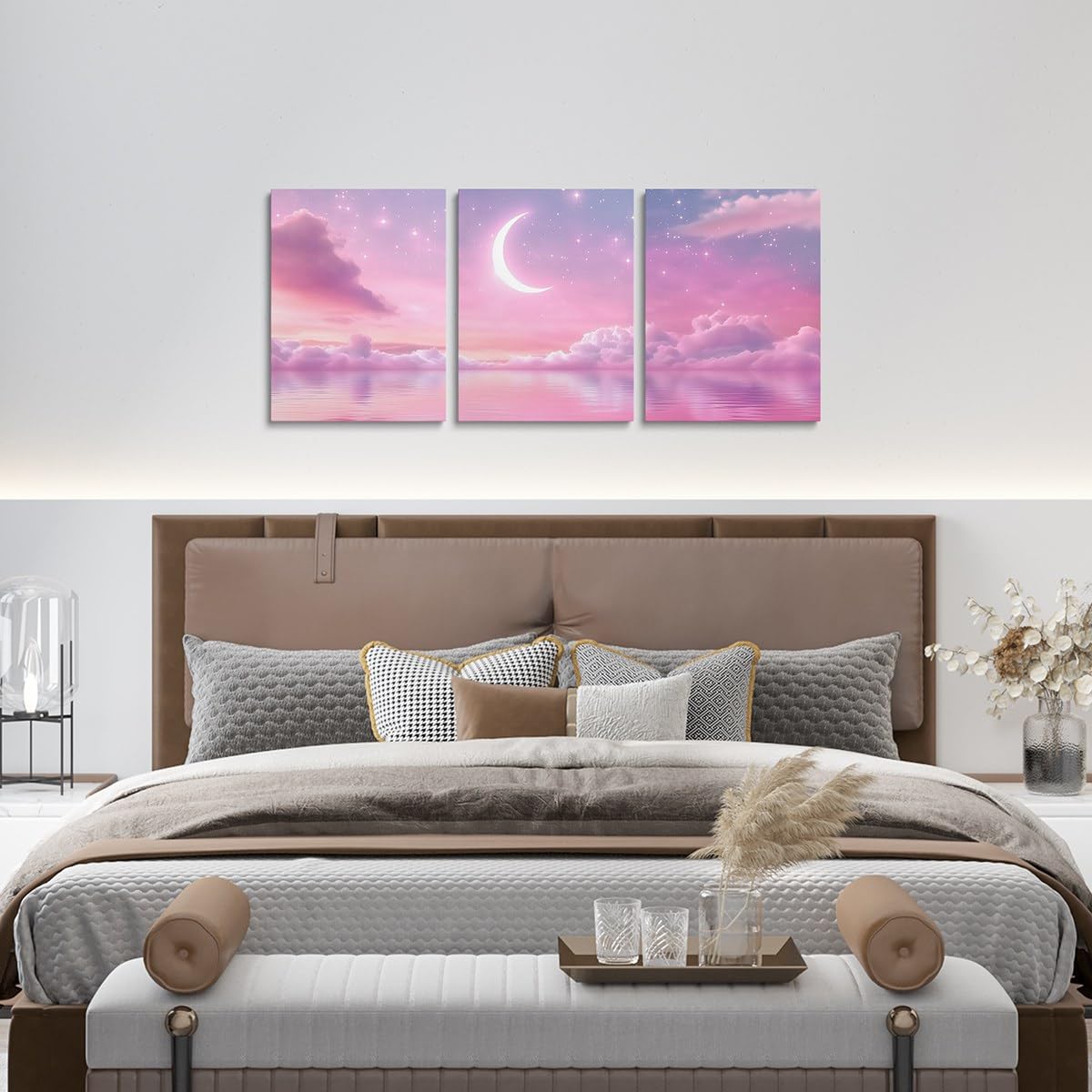 Feelyou Pink Galaxy 3 Piece Canvas Wall Art for Living Room Bedroom Starry Moon Wall Art for Home Decor Dreamy Nebula Office Decor Artwork Outer Space Picture Painting Posters