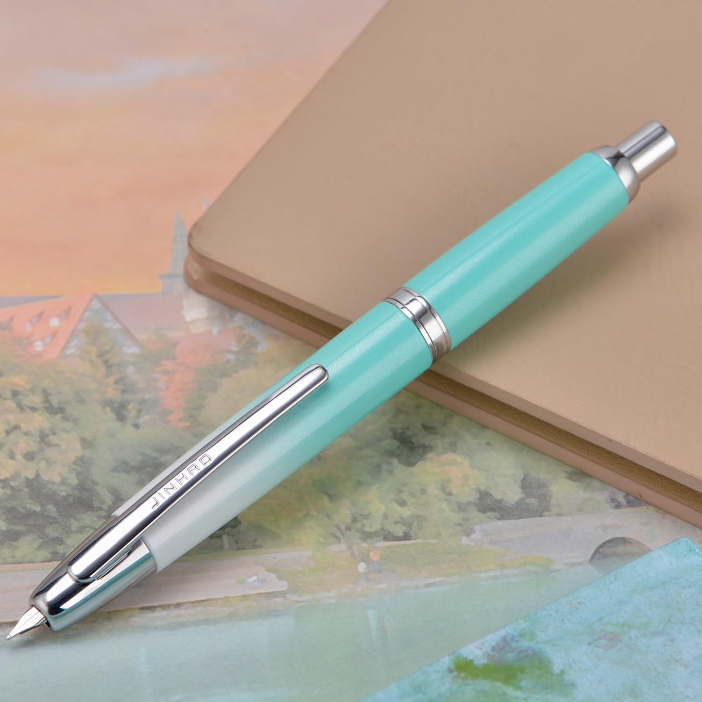 Jinhao 10 Press Fountain Pen with Box, Gradient Mint Green Retractable Extra Fine Nib with Ink Converter Set (Silver Clip)