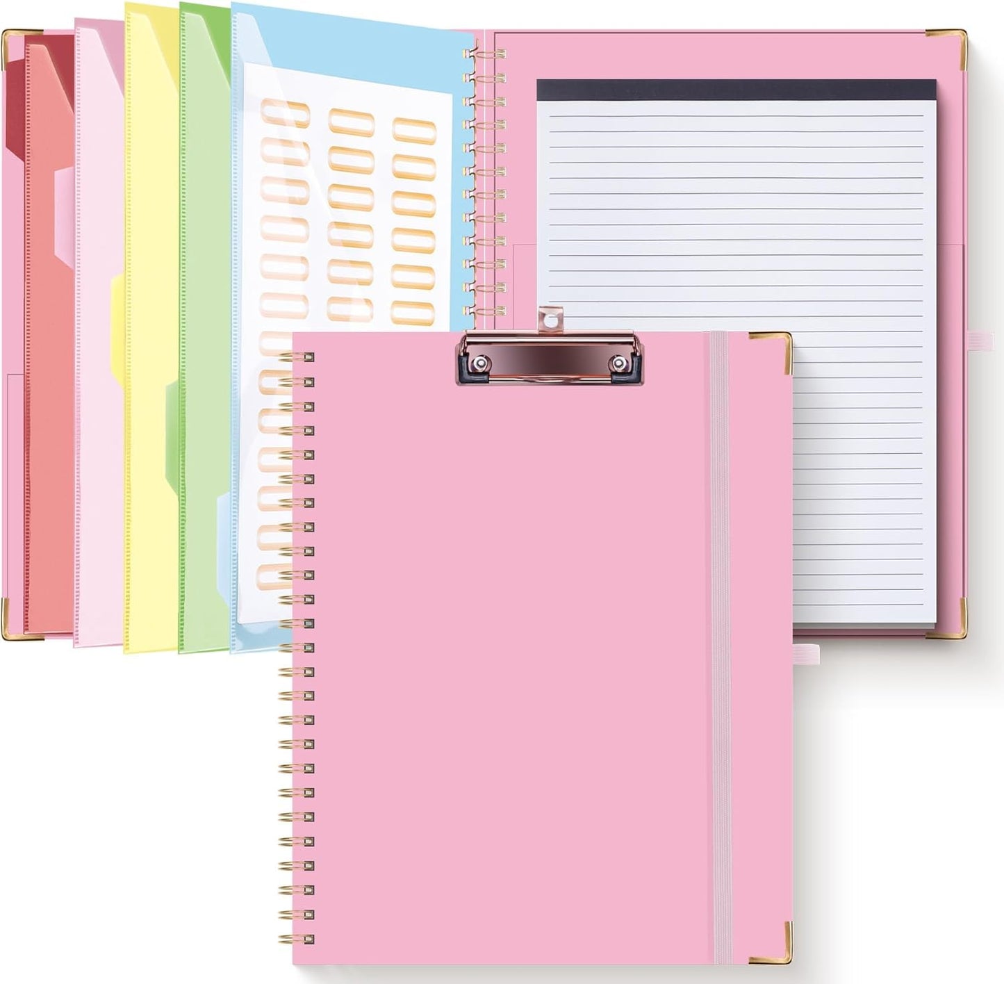 HAUTOCO Clipboard Folio with Refillable Notepad for Letter Size (11" x 8.5"), 5 Dividers with 10 Pockets, Elastic Pen Holder and File Folder Labels, Spiral Nurse Clipboard Artboard(Pink)