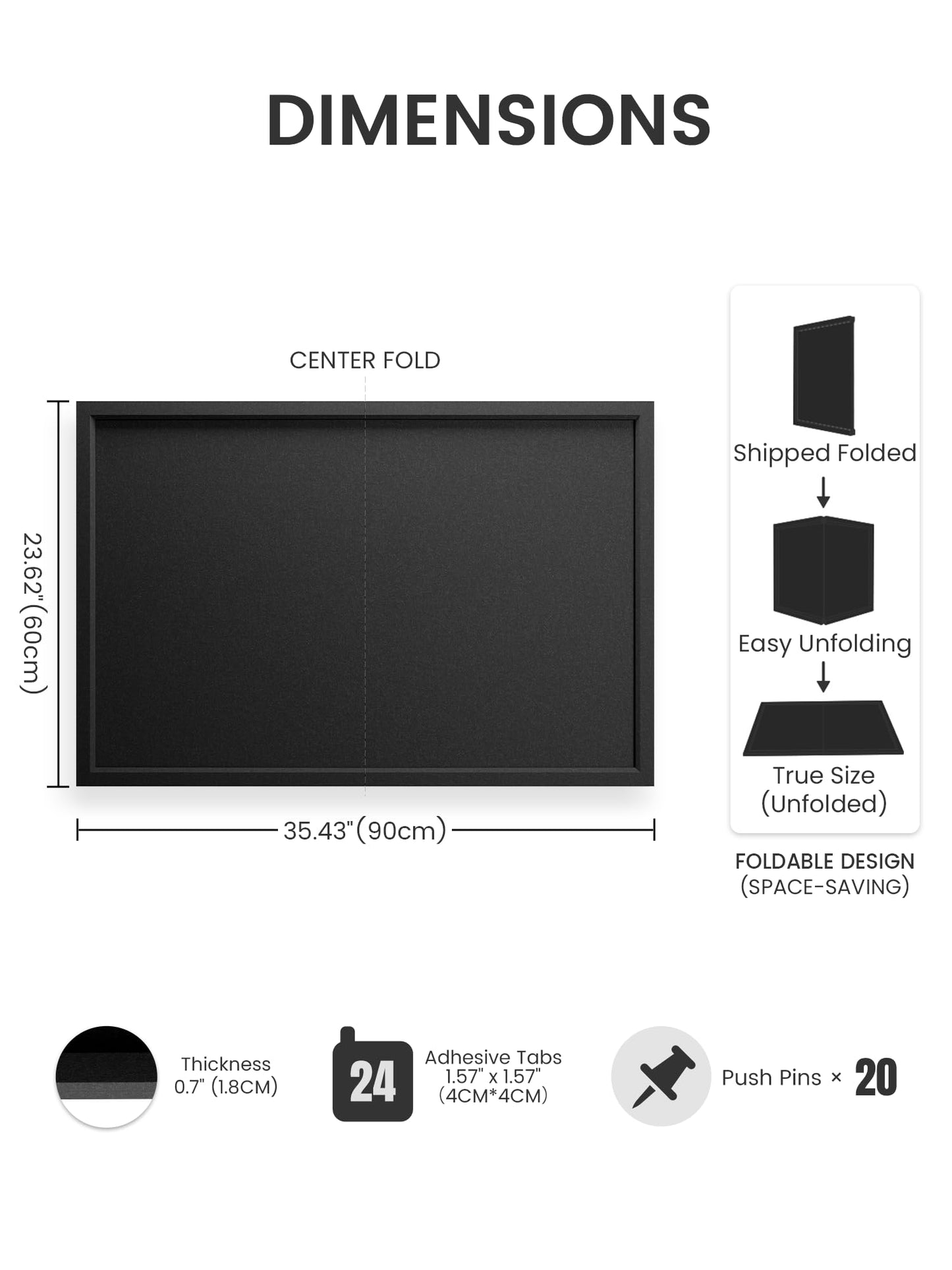 Fluxynara Foldable Cork Board Alternative, Felt Bulletin Board 35.4" x 23.6" Black Frame with 24 Adhesive Tabs, Pin Board for Home Office, Classroom, Entryway, Kitchen Wall Decor—Black