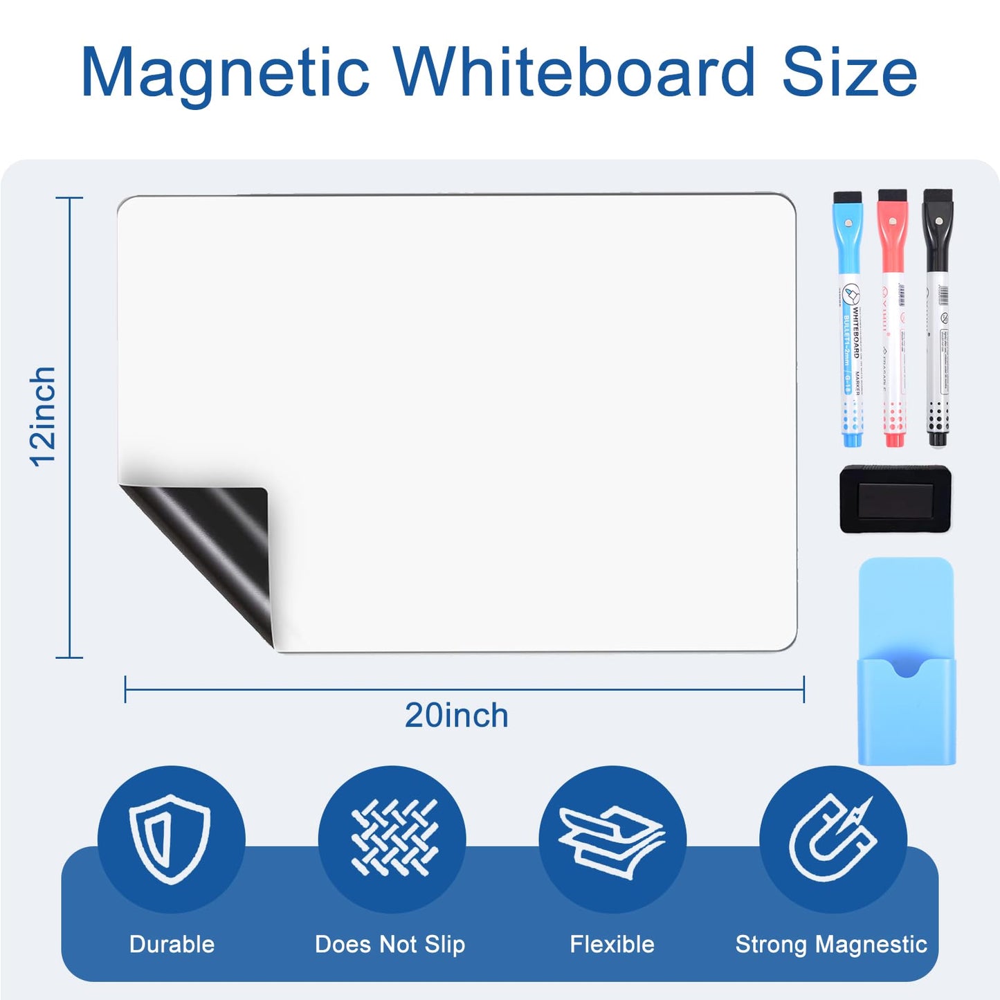Magnetic Dry Erase Whiteboard for Fridge - 20x12 Inch Flexible Memo Board, 8-Piece Set with 1Whiteboard, 6 Markers & 1 Pen Holder, Reusable Magnetic Refrigerator Board for Kitchen, Office, Home& Dorm