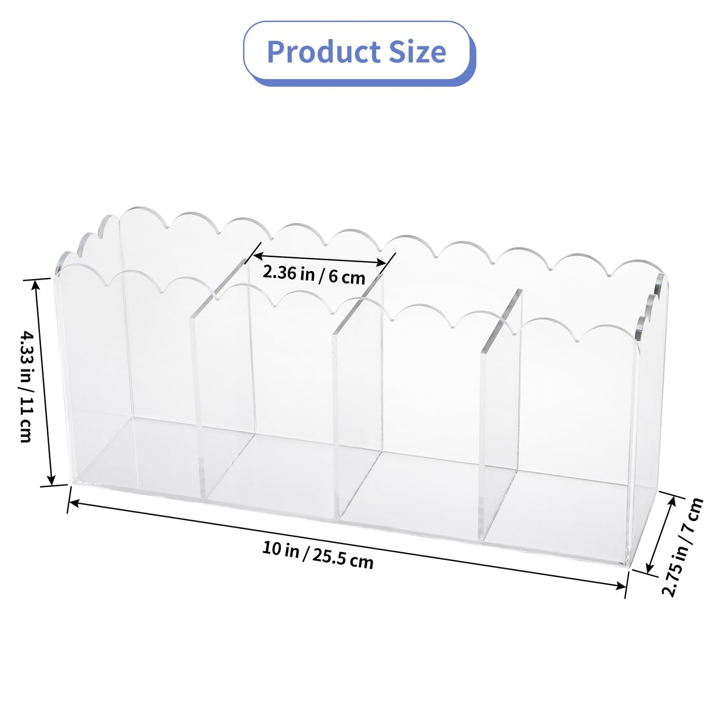 MOLIGOU Acrylic Pencil Holder, 4 Compartments Clear Pen Organizer, Desktop Pencil Holder with Scalloped Edges