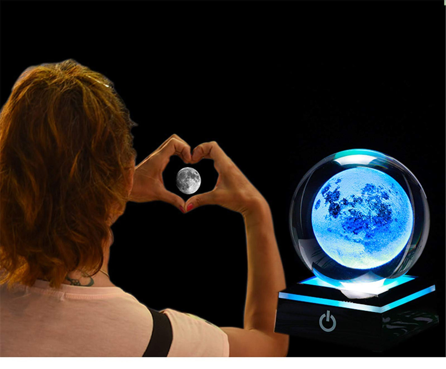 Qianwei 3D Moon Model Crystal Ball Led Lamp Base - Space Decor World Globe Planets Sphere Night Light 80mm 3.15 Inch - Solar System Decor Best Birthday Astronomy Gifts for Men Physics Science Teacher