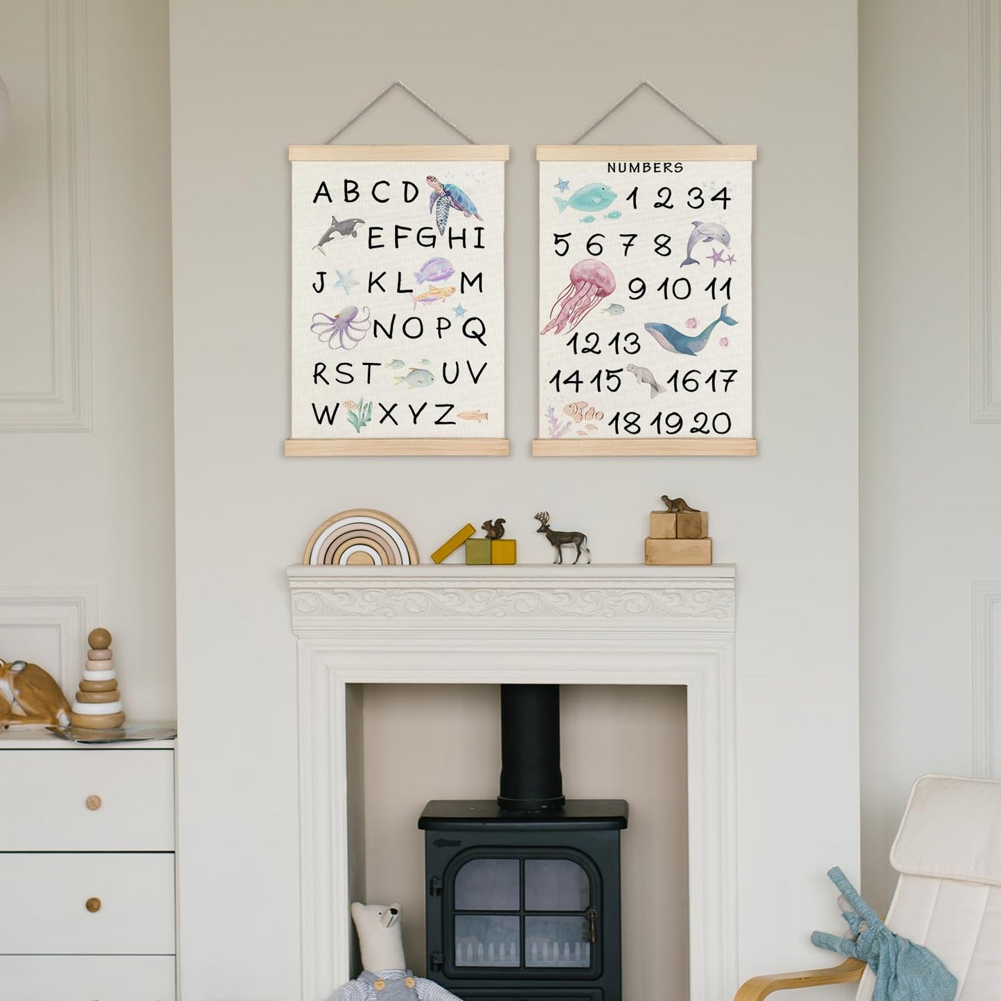 Supwhd Ocean Nursery Decor, Alphabet Numbers Ocean Animals Poster Hanger Frame, Sea Animals ABC 123 Educational Wall Decor for Nursery Kids Room Playroom Classroom Homeschool, 12x16 Set of 2