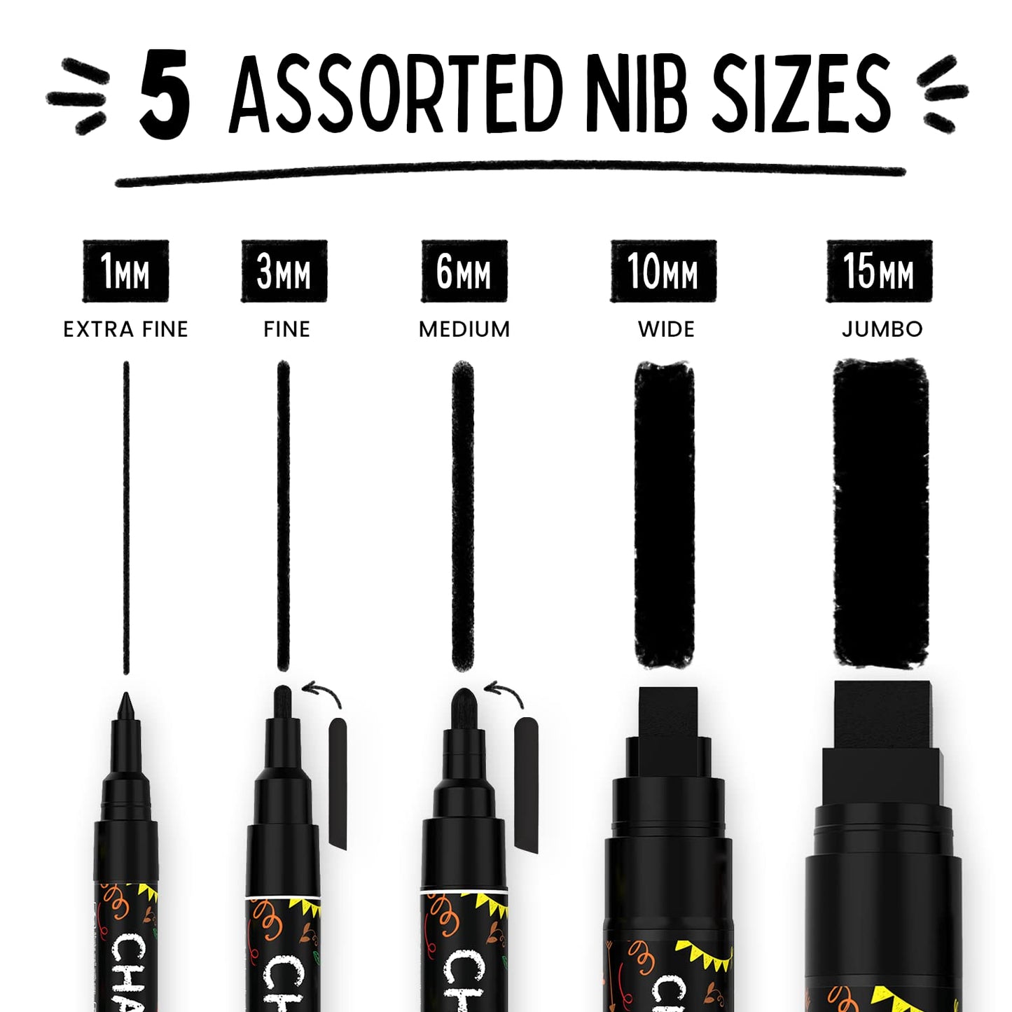 5 Black Chalkboard Chalk Markers - Black Dry Erase Markers for Blackboard, Chalkboard Signs, Windows, Glass | Variety Pack - Fine & Jumbo Size Ink Pen (1mm, 3mm, 6mm, 10mm, 15mm)