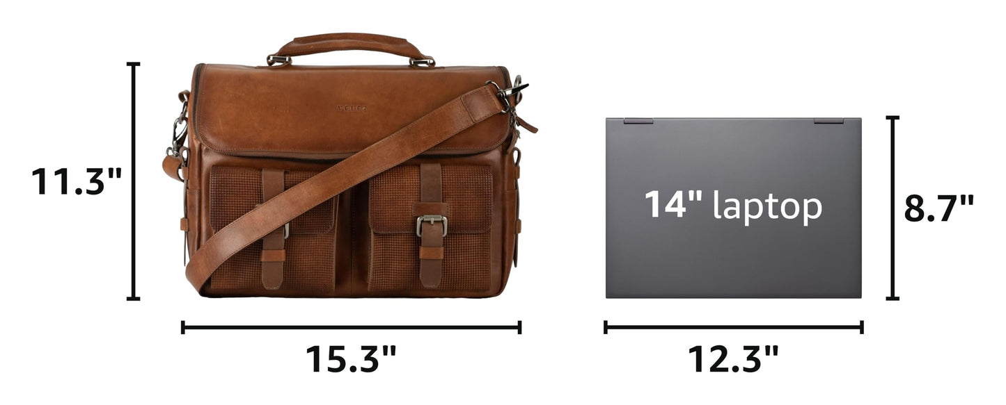VELEZ Tan Full Grain Leather Messenger Bag for Men - 15" Laptop Briefcase - Mens Vintage Business Crossbody Computer Bags