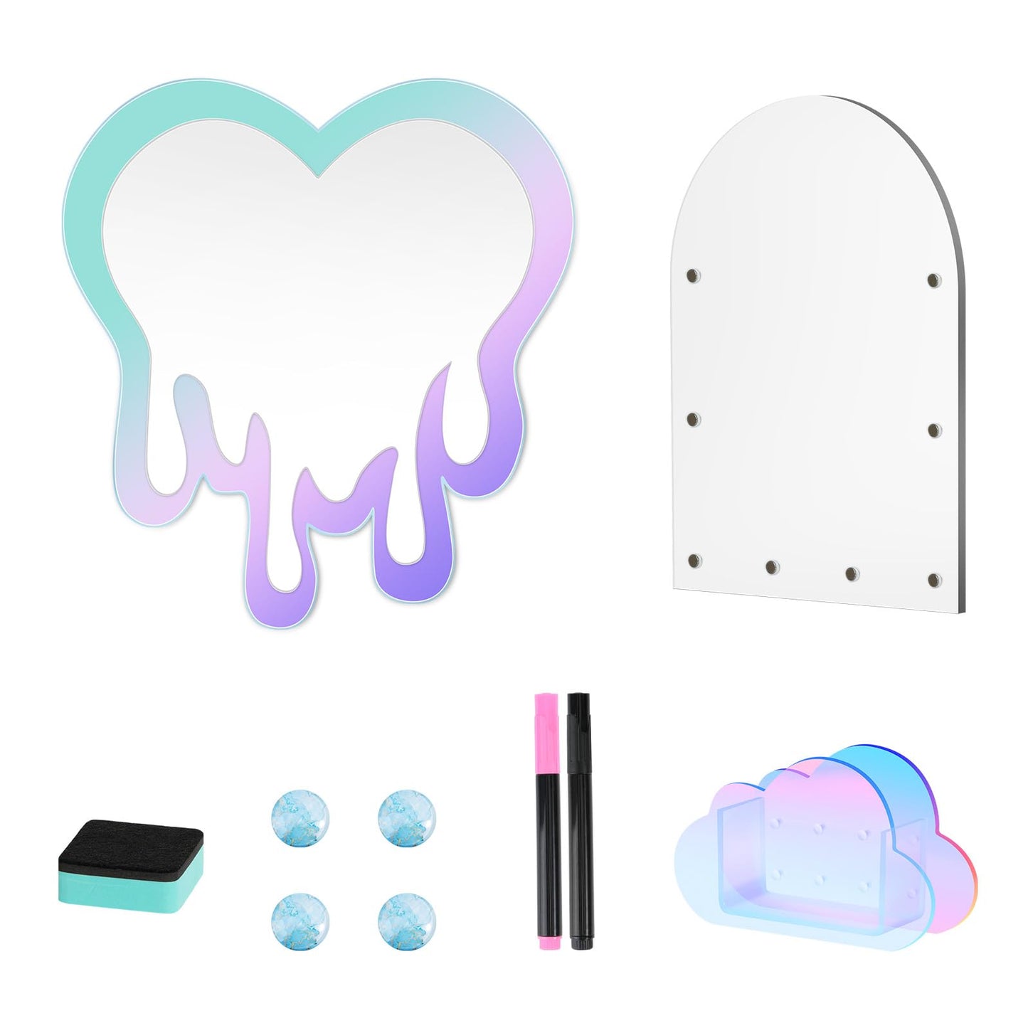 MoKo Locker Accessories Set, 5 in 1 Back to School Supplies College Essentials Includes Magnetic Acrylic Board, Locker Mirror, Markers Holder, Marker Pens and Locker Magnets, Heart Shape