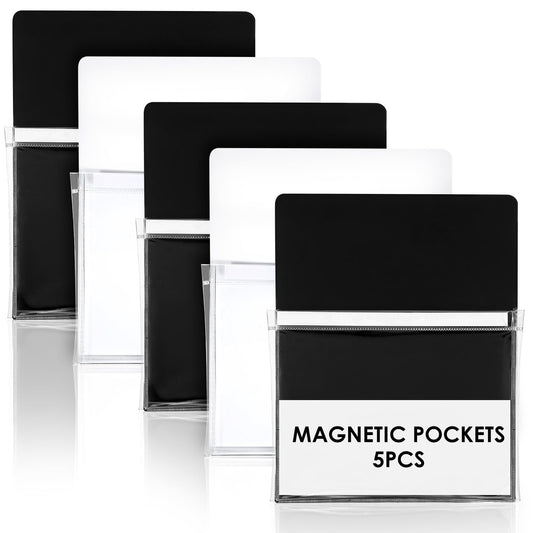 Tolare 5 Pcs Magnetic Pockets for Whiteboard & Fridge, Magnetic File Holder Organizer Set with Magnet Backing, 12 x 9.5 Inch Clear Storage Pouches for Documents Notes Tools (Black & White)