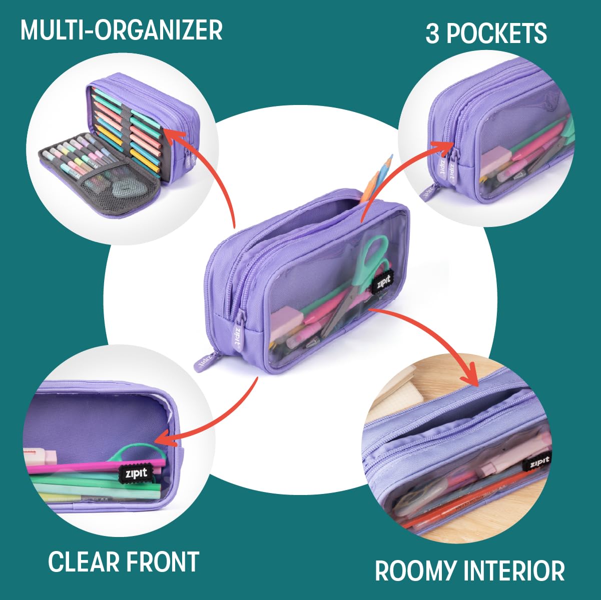 ZIPIT Half & Half Pencil Case for Girls, 3 Compartment Zipper Pouch for School, Stationery Bag for Teen and Adults, Purple