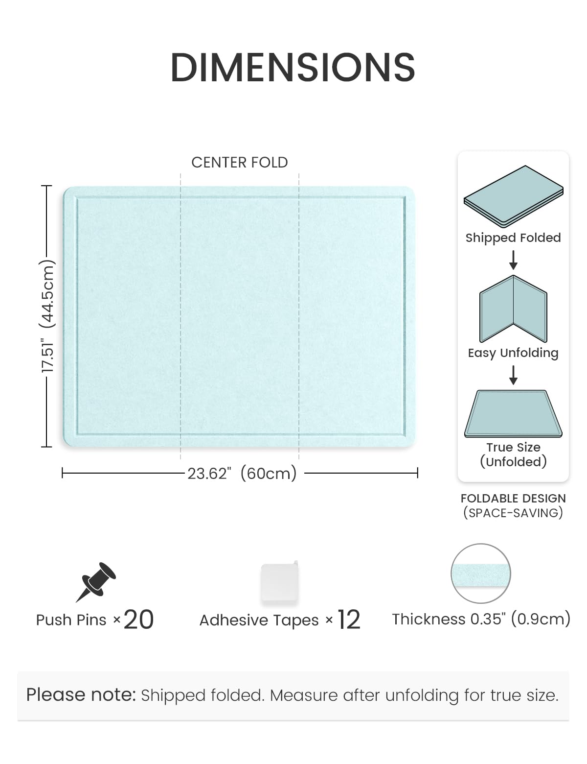 Fluxynara Bulletin Board, 23.6" x 17.5" Cork Board Alternative with 12 Safe Removable Adhesive Tabs, Foldable Felt Pin Board for Home Office, Classroom, Bedroom,Entryway for Walls—Aqua Blue