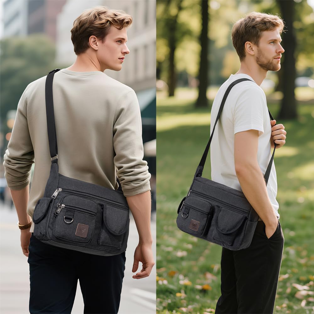 LEBULLBRO Canvas Shoulder Bag for Mens Multi-pockets 13 inch Laptop Messenger Bag Sling Bags School Crossbody Bags Travel (Black)