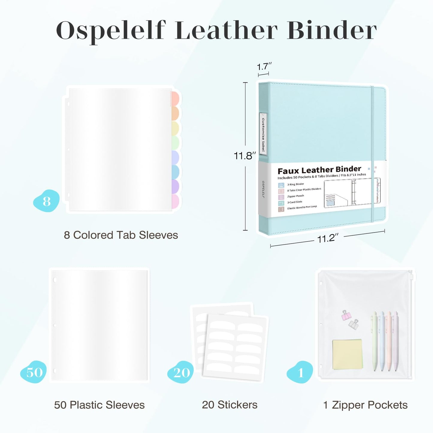 Ospelelf Leather Binder with 58 Plastic Sleeves, 3 Ring Presentation Binder for 8.5x11, Portfolio Organizer with 8 Tabbed Sleeves & Zipper Pocket for Documeents, Artwork, Certificates Blue
