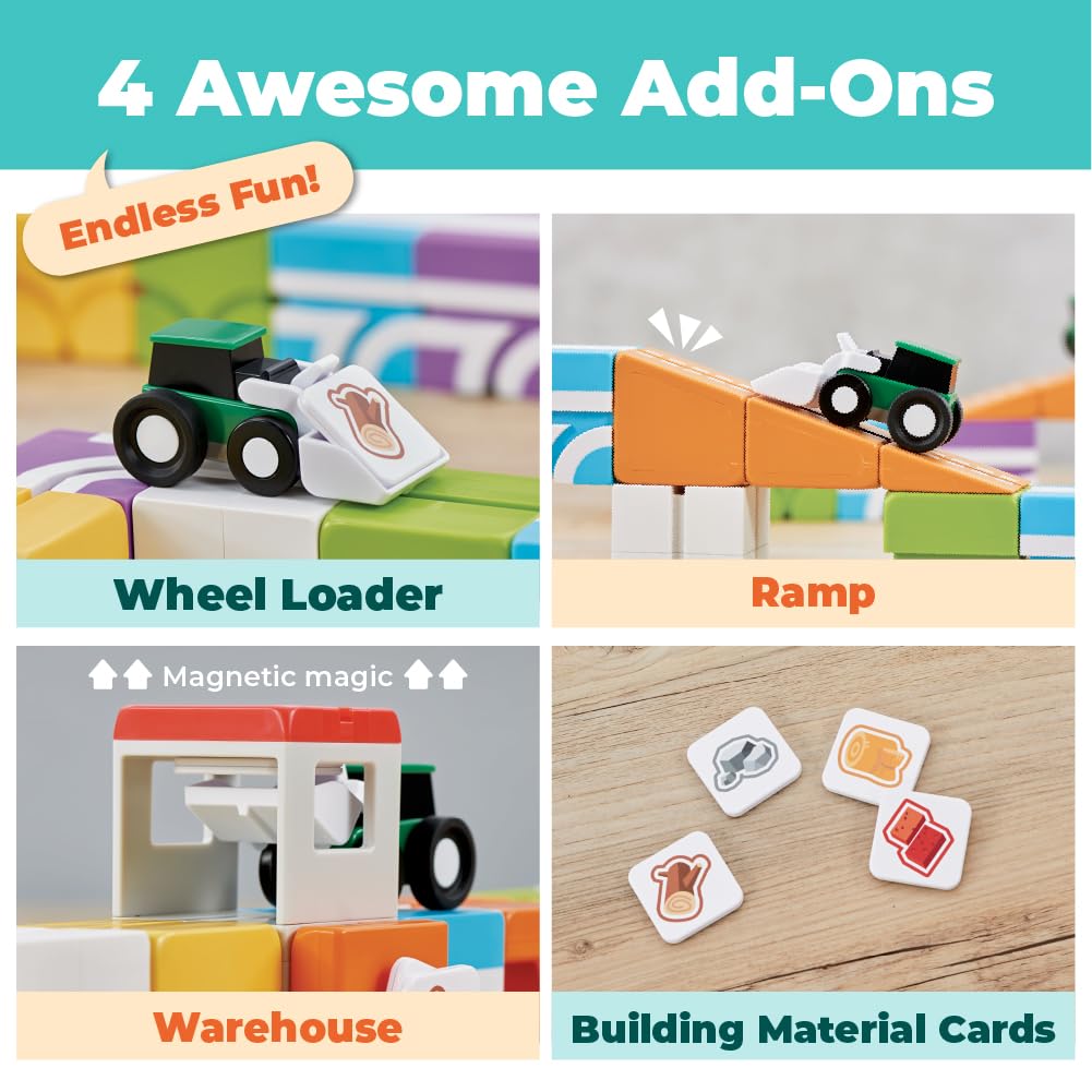QBI Magnetic Blocks for Toddlers Ages 3+ | STEM Magnetic Block Tracks with Wheel Bulldozer & Tiles | 3D Colorful Magnet Building Blocks for Boys & Girls | Early Learning Sensory Toy – 21 Pieces
