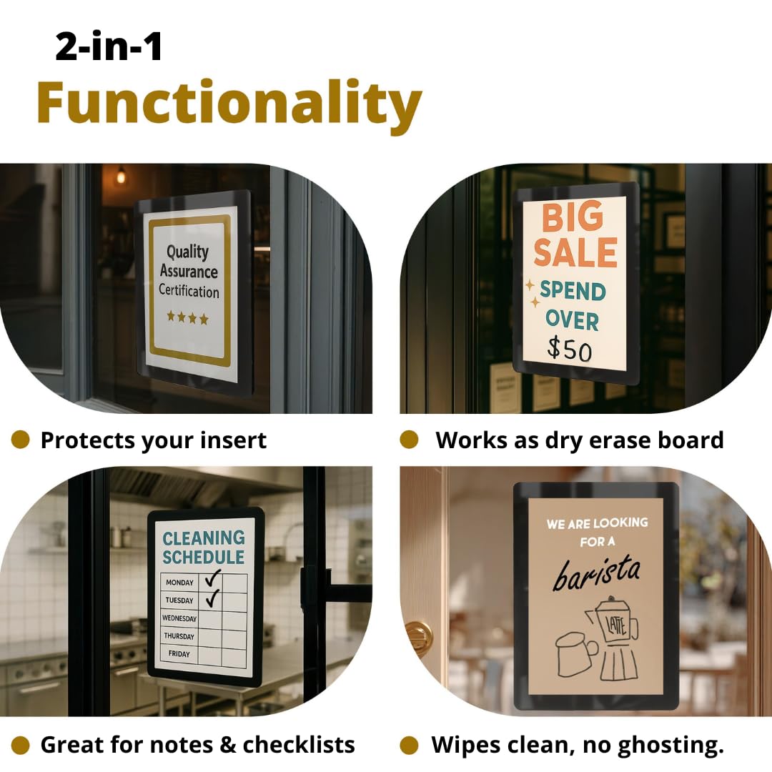 Fodeez Letter-Size 8.5 x 11 Adhesive Interior for Exterior Viewing Frames - Reusable Sticker Holder Display for Windows & Doors, Paper Holder, Dry Erase, Non Acylic & Non Magnetic - Black, Pack of 5