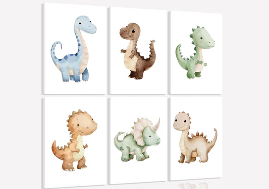 6Pcs Dinosaur Nursery Wall Art Kids Room Canvas Poster Toddler Baby Watercolor Dino Wall Decor Dinosaur Painting Prints Cute Dino Pictures for Nursery Bedroom Boy Playroom Framed