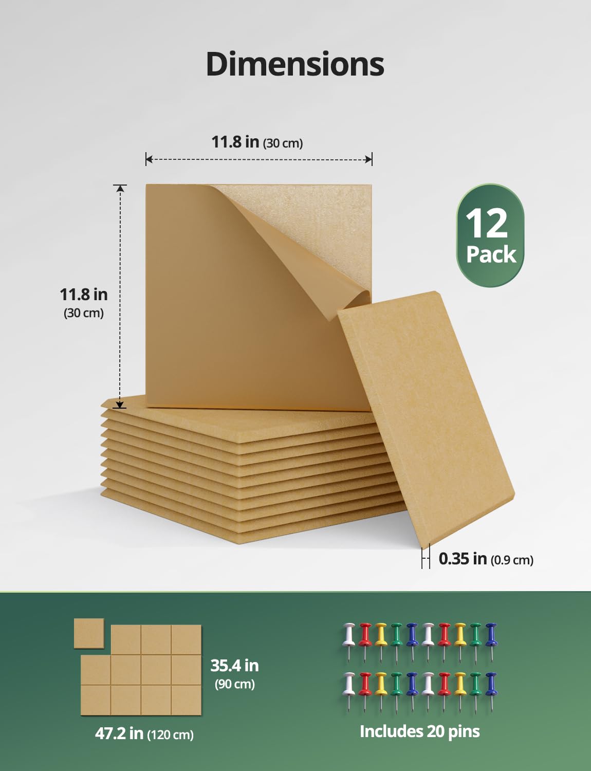 Topnaca 12 Pack Felt Cork Bulletin Boards for Walls Pin Corkboard for Office, 48" x 36" Large Mustard Display Tiles for Mood, Memo & Tack Pinboards in School Classroom, Home, Dorm, Bedroom & Kitchen