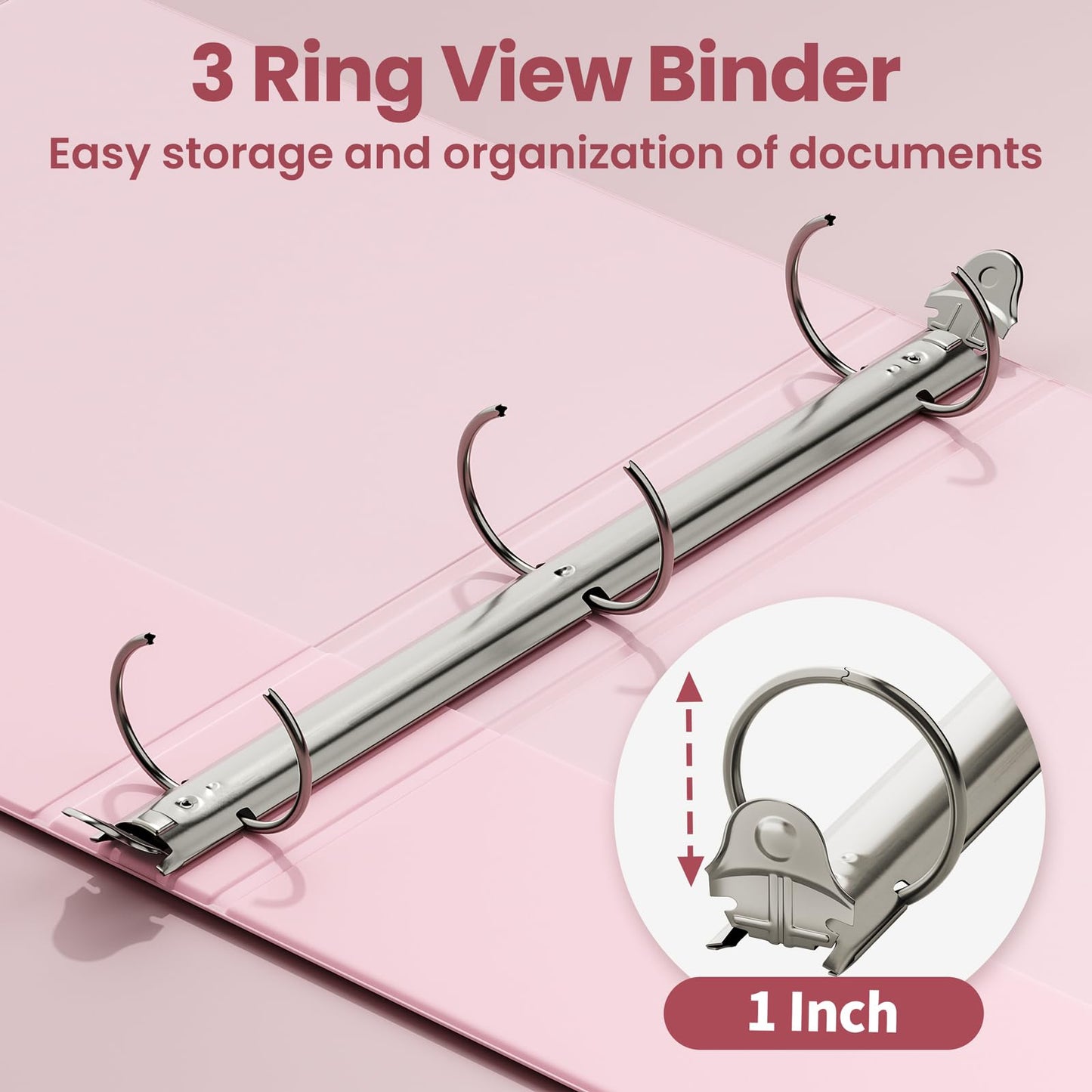 SUNEE 3 Ring Binder 1 Inch 2 Pack, Clear View Binder Three Ring PVC-Free (Fit 8.5x11 Inches) for School or Office Supplies, Pink