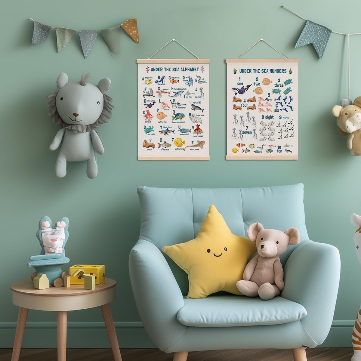 Number Chart Alphabet Poster Hanger, ABC Chart Wall Decor, Toddler Learning Posters, Educational Posters Homeschool Supplies, Sea Animals Wall Art Wall Hanging Banner Living Room Nursery Decor