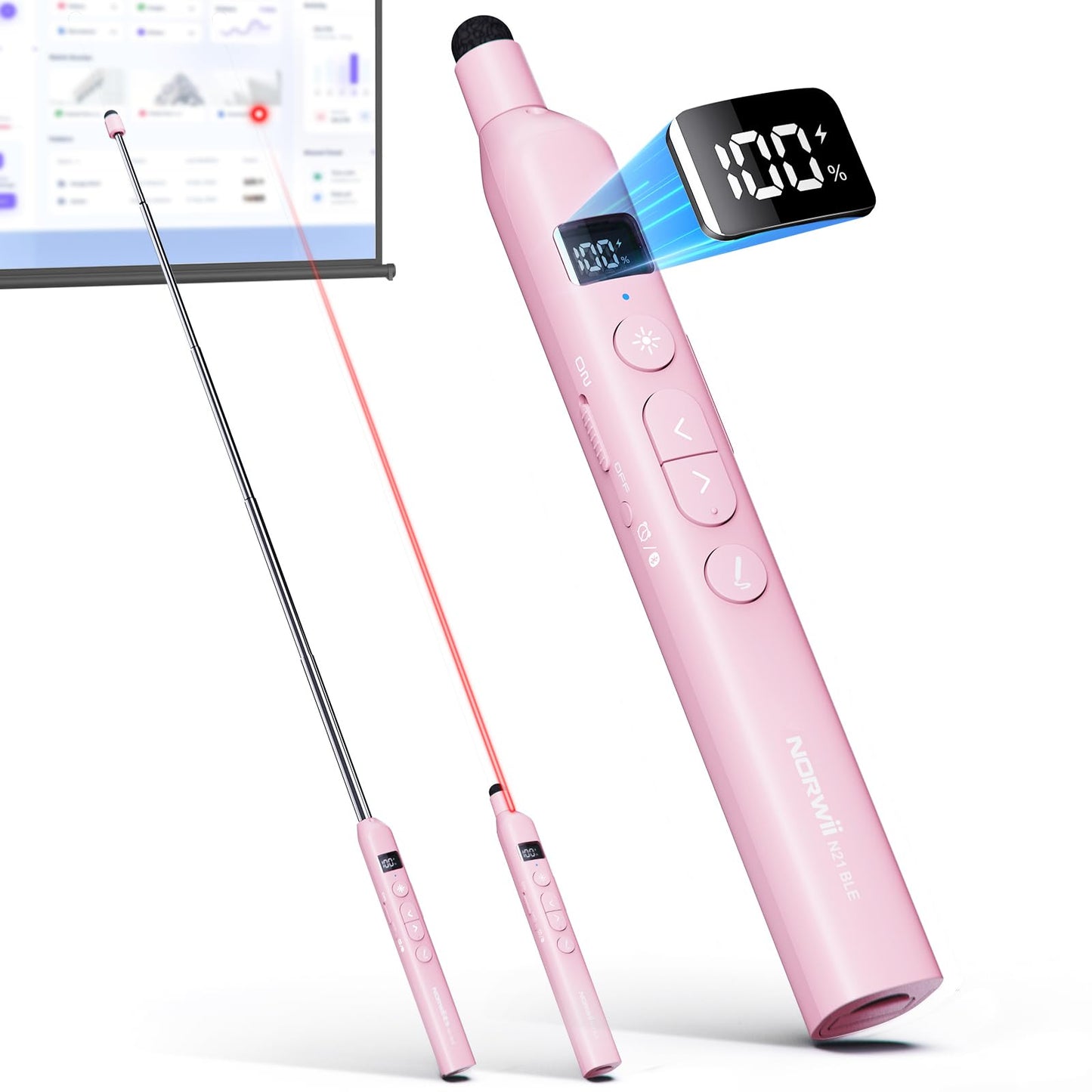 Norwii N21 Bluetooth Presentation Clicker with Telescopic Teaching Pointer, Presentation Remote with Retractable Stick for PowerPiont, Wireless Presenter, Slide Advancer - Pink