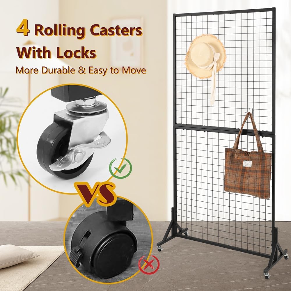 OUDUCK 3' x 6' Grid Wall Panels Standing Wire Grid, Sturdy Display Rack with T-Base Wheels Freestanding Gridwall Panel Tower for Shows, Black