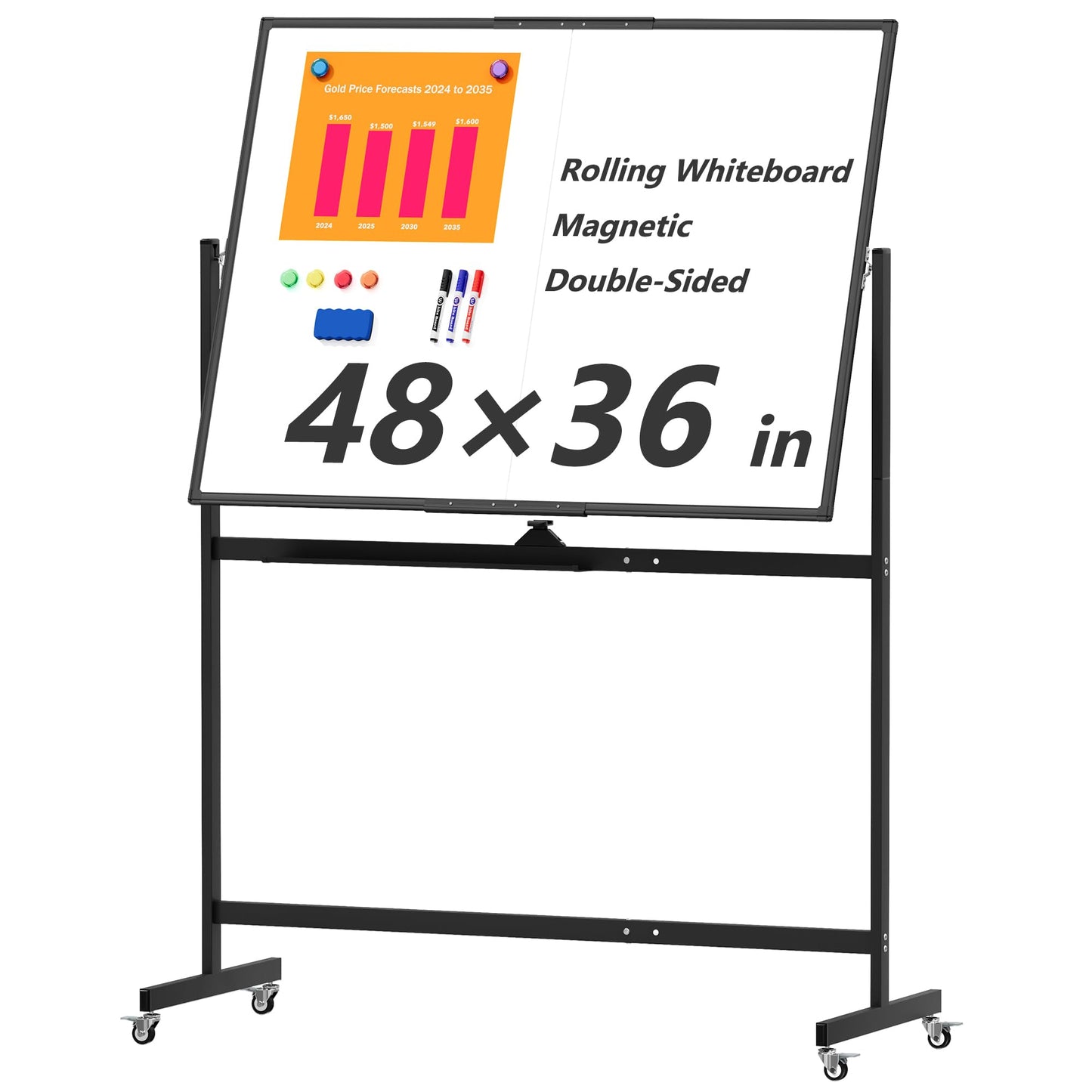 Large Rolling Whiteboard on Wheels, 48" x 36" Double-Sided Mobile White Board with Stand, 4' x 3' Portable Standing Magnetic Dry Erase Board Easel for Home Office Classroom School, Black