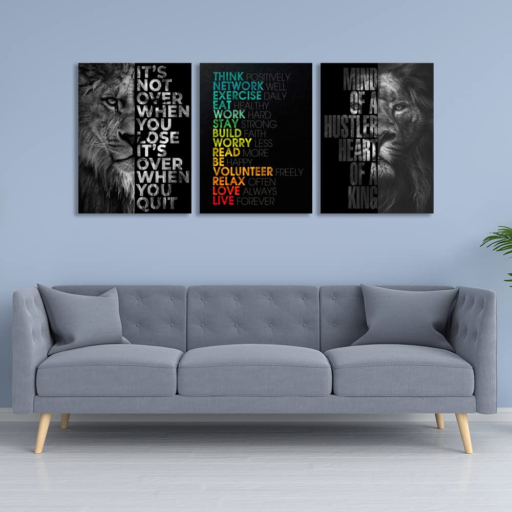 Halioyo 3 Piece Lion Wall Art - Motivational Wall Art, Inspirational Canvas Prints for Office Decor, Modern Lion Picture for Men, Leadership & Strength Pictures for Bedroom Living Room(12x16 inches)